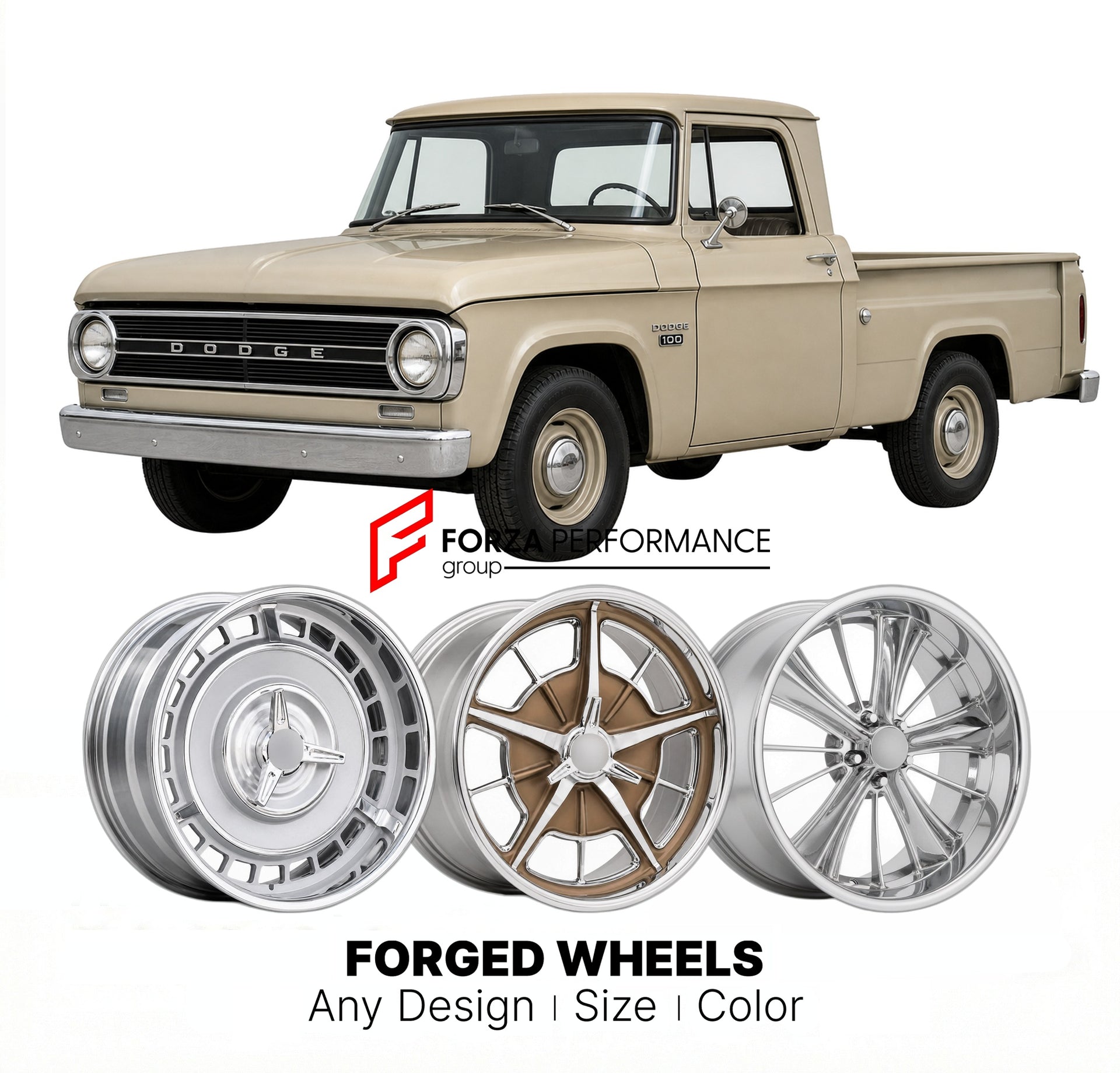CUSTOM CLASSIC VINTAGE RESTOMOD RETRO OLD SCHOOL FORGED WHEELS RIMS for DODGE W100 1961 - 1965
Custom forged wheels for classic American muscle cars. Ideal for restomod builds, vintage restorations, and show cars. Deep dish and retro styling available.

We manufacture premium quality forged wheels rims for Dodge W100 1961 - 1965 in any design, size, color.

THIS WHEEL DESIGN CAN BE CUSTOM-MADE FOR YOUR CAR IN ANY SIZE AND COLOR OPTIONS
Available in monoblock, 2-piece, 3-piece, duoblock, beadlock
3D wheel re