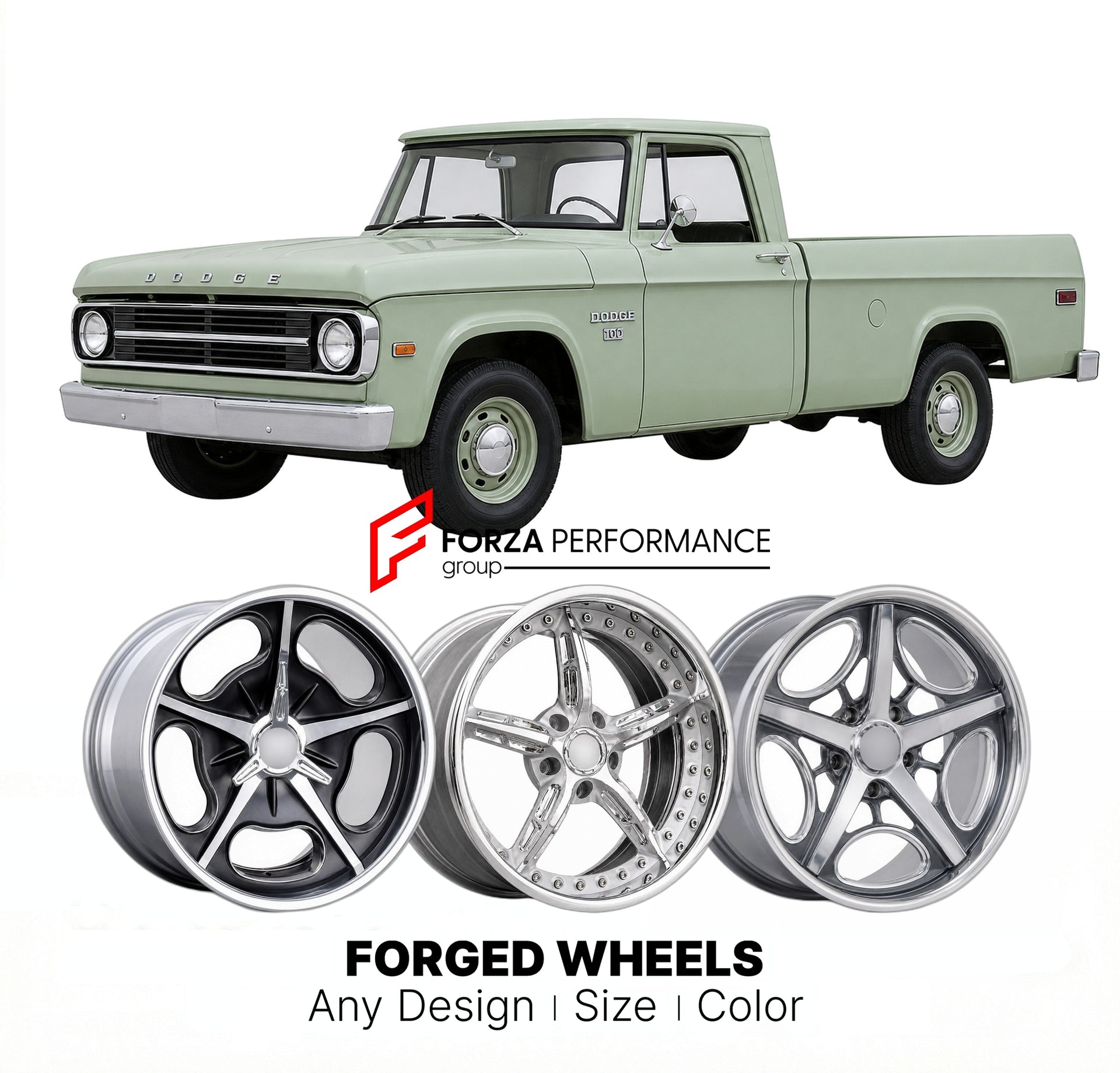 CUSTOM CLASSIC VINTAGE RESTOMOD RETRO OLD SCHOOL FORGED WHEELS RIMS for DODGE W100 1965 - 1971
Custom forged wheels for classic American muscle cars. Ideal for restomod builds, vintage restorations, and show cars. Deep dish and retro styling available.

We manufacture premium quality forged wheels rims for Dodge W100 1965 - 1971 in any design, size, color.

THIS WHEEL DESIGN CAN BE CUSTOM-MADE FOR YOUR CAR IN ANY SIZE AND COLOR OPTIONS
Available in monoblock, 2-piece, 3-piece, duoblock, beadlock
3D wheel re