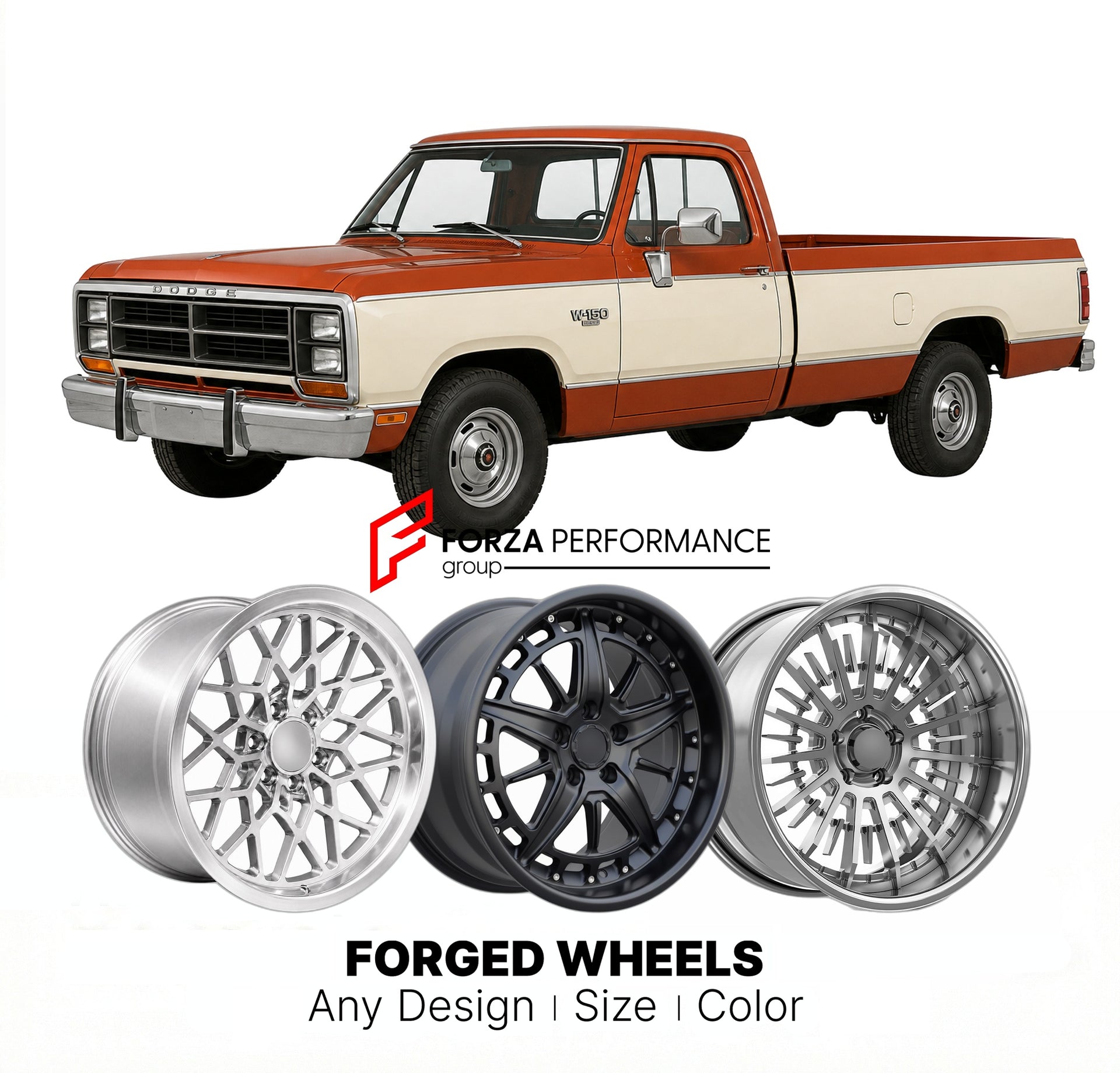 CUSTOM CLASSIC VINTAGE RESTOMOD RETRO OLD SCHOOL FORGED WHEELS RIMS for DODGE W150 1981 - 1990
Custom forged wheels for classic American muscle cars. Ideal for restomod builds, vintage restorations, and show cars. Deep dish and retro styling available.

We manufacture premium quality forged wheels rims for Dodge W150 1981 - 1990 in any design, size, color.

THIS WHEEL DESIGN CAN BE CUSTOM-MADE FOR YOUR CAR IN ANY SIZE AND COLOR OPTIONS
Available in monoblock, 2-piece, 3-piece, duoblock, beadlock
3D wheel re