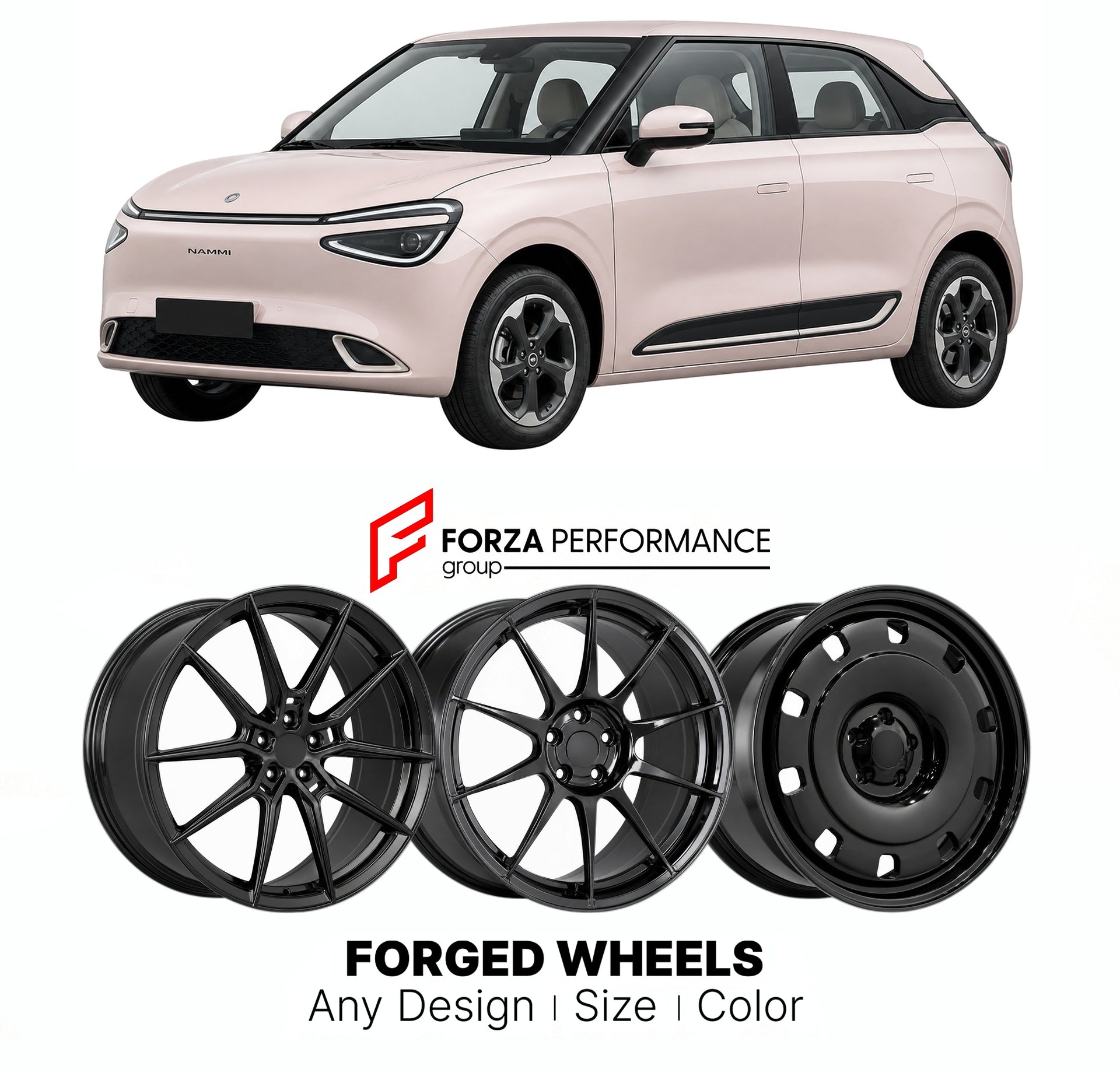 Custom forged wheels for Dongfeng Nammi Box Nammi 01 2023+. Made-to-order monoblock, 2-piece and 3-piece wheels in custom sizes, offsets, colors and finishes with guaranteed vehicle fitment.

We manufacture premium quality forged wheels rims for Dongfeng Nammi Box Nammi 01 2023+ in any design, size, color.

THIS WHEEL DESIGN CAN BE CUSTOM-MADE FOR YOUR CAR IN ANY SIZE AND COLOR OPTIONS
Available in monoblock, 2-piece, 3-piece, duoblock, beadlock
3D wheel renderings are provided according to the exact dimens
