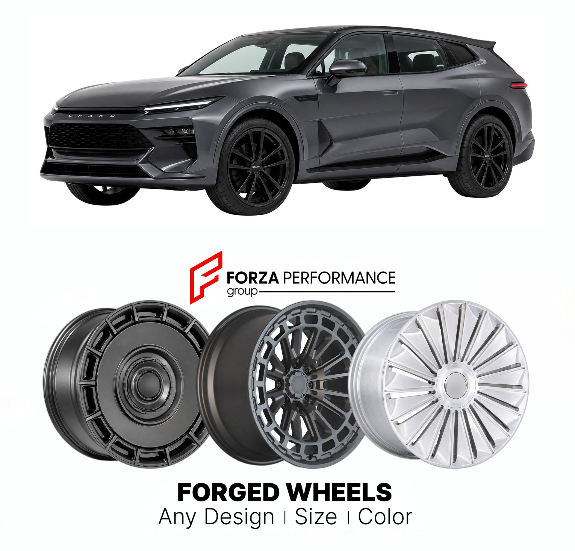 FORGED WHEELS RIMS for DRAKO DRAGON ANNOUNCED PRODUCTION SUV 2026+

Custom forged wheels for Drako Dragon Announced Production SUV 2026+. Made-to-order monoblock, 2-piece and 3-piece rims in custom sizes, offsets, colors and finishes with guaranteed fitment.

We manufacture premium quality forged wheels rims for Drako Dragon Announced Production SUV 2026+ in any design, size, color.

THIS WHEEL DESIGN CAN BE CUSTOM-MADE FOR YOUR CAR IN ANY SIZE AND COLOR OPTIONS
Available in monoblock, 2-piece, 3-piece, duo