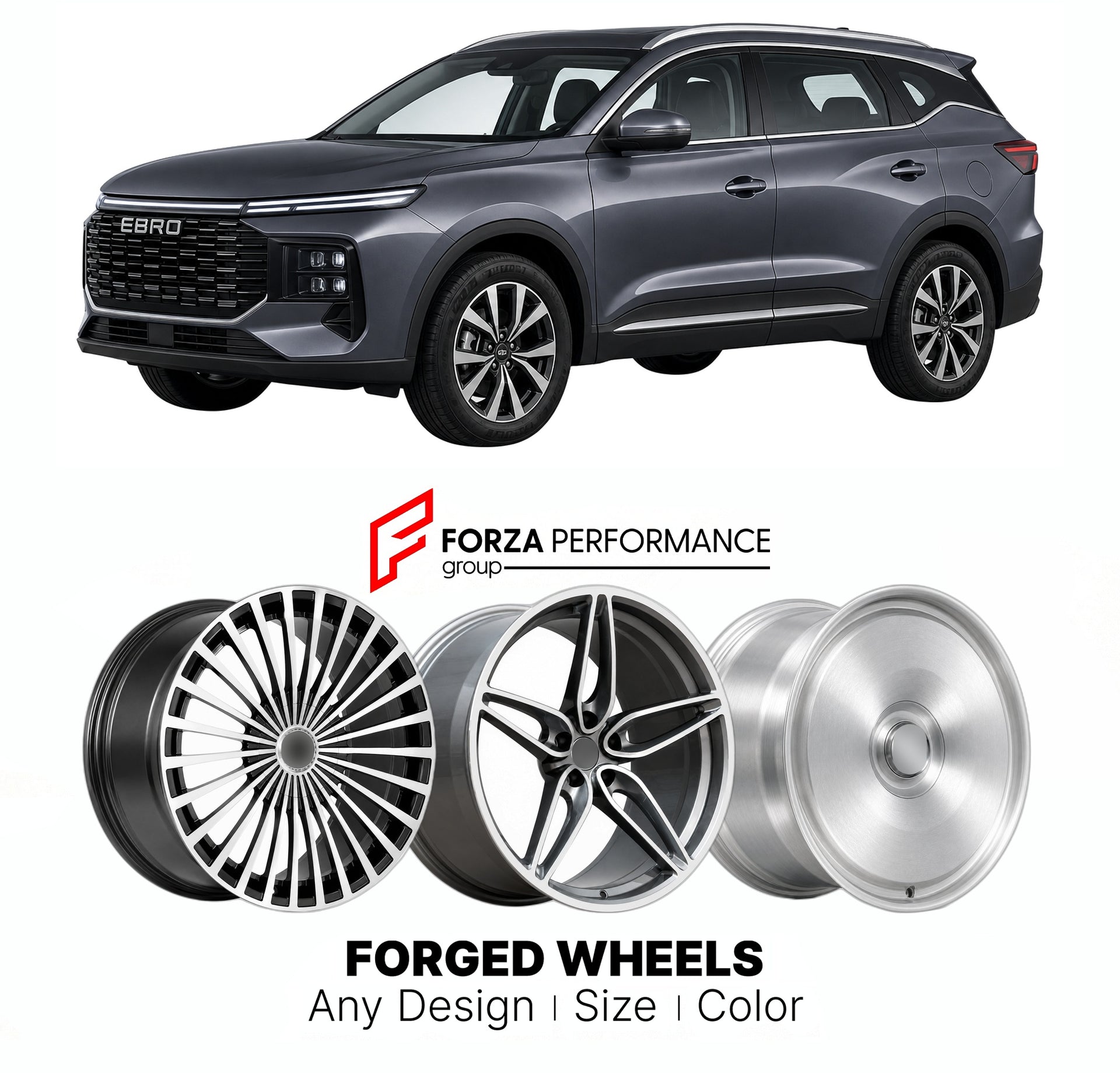 Custom forged wheels for EBRO Chery S700 Tiggo 7 Pro Twin 2024+. Made-to-order monoblock, 2-piece and 3-piece wheels in custom sizes, offsets, colors and finishes with guaranteed vehicle fitment.

We manufacture premium quality forged wheels rims for EBRO Chery S700 Tiggo 7 Pro Twin 2024+ in any design, size, color.

THIS WHEEL DESIGN CAN BE CUSTOM-MADE FOR YOUR CAR IN ANY SIZE AND COLOR OPTIONS
Available in monoblock, 2-piece, 3-piece, duoblock, beadlock
3D wheel renderings are provided according to the ex