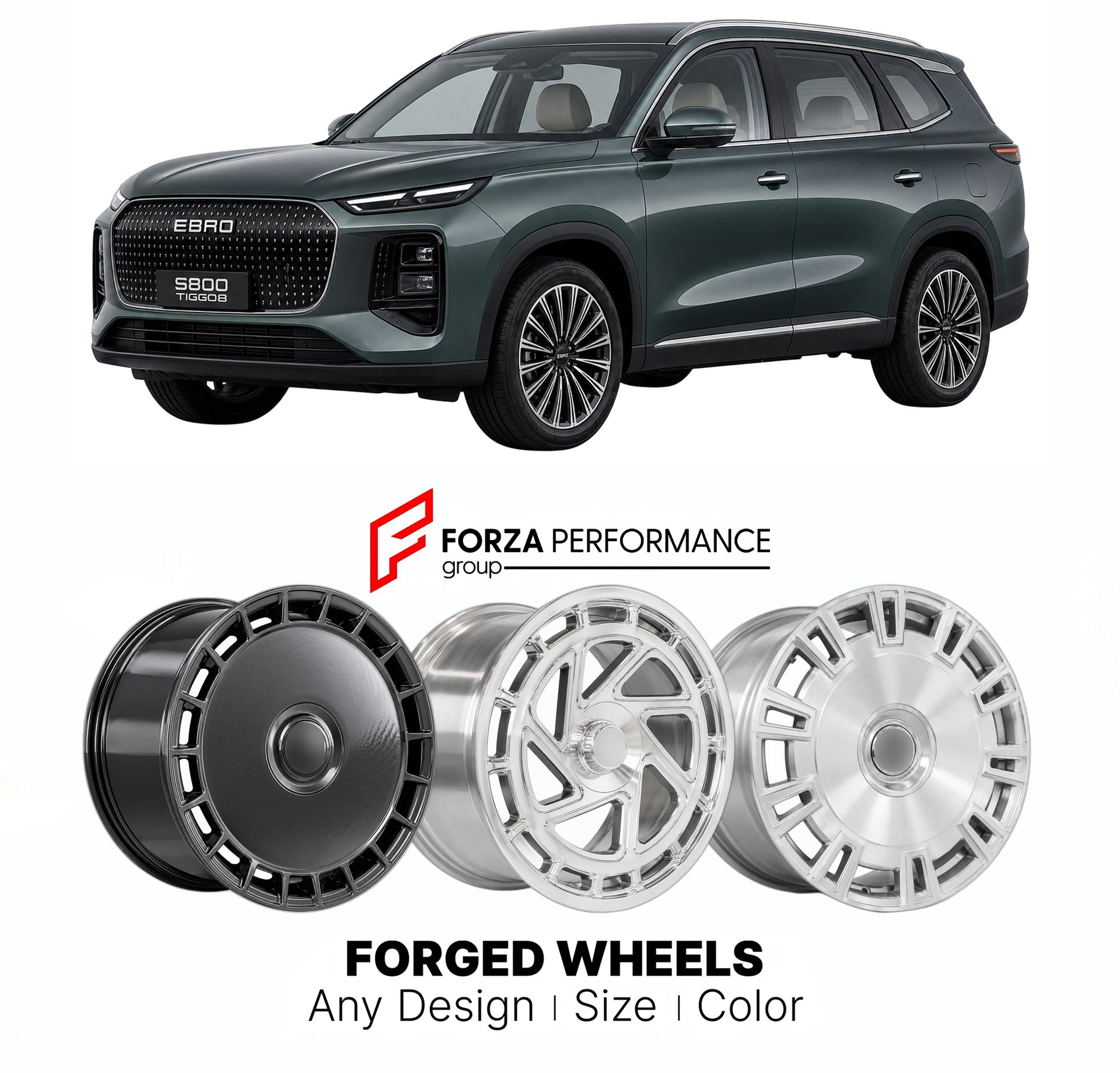 Custom forged wheels for EBRO Chery S800 Tiggo 8 Plus Twin 2025+. Made-to-order monoblock, 2-piece and 3-piece wheels in custom sizes, offsets, colors and finishes with guaranteed vehicle fitment.

We manufacture premium quality forged wheels rims for EBRO Chery S800 Tiggo 8 Plus Twin 2025+ in any design, size, color.

THIS WHEEL DESIGN CAN BE CUSTOM-MADE FOR YOUR CAR IN ANY SIZE AND COLOR OPTIONS
Available in monoblock, 2-piece, 3-piece, duoblock, beadlock
3D wheel renderings are provided according to the 