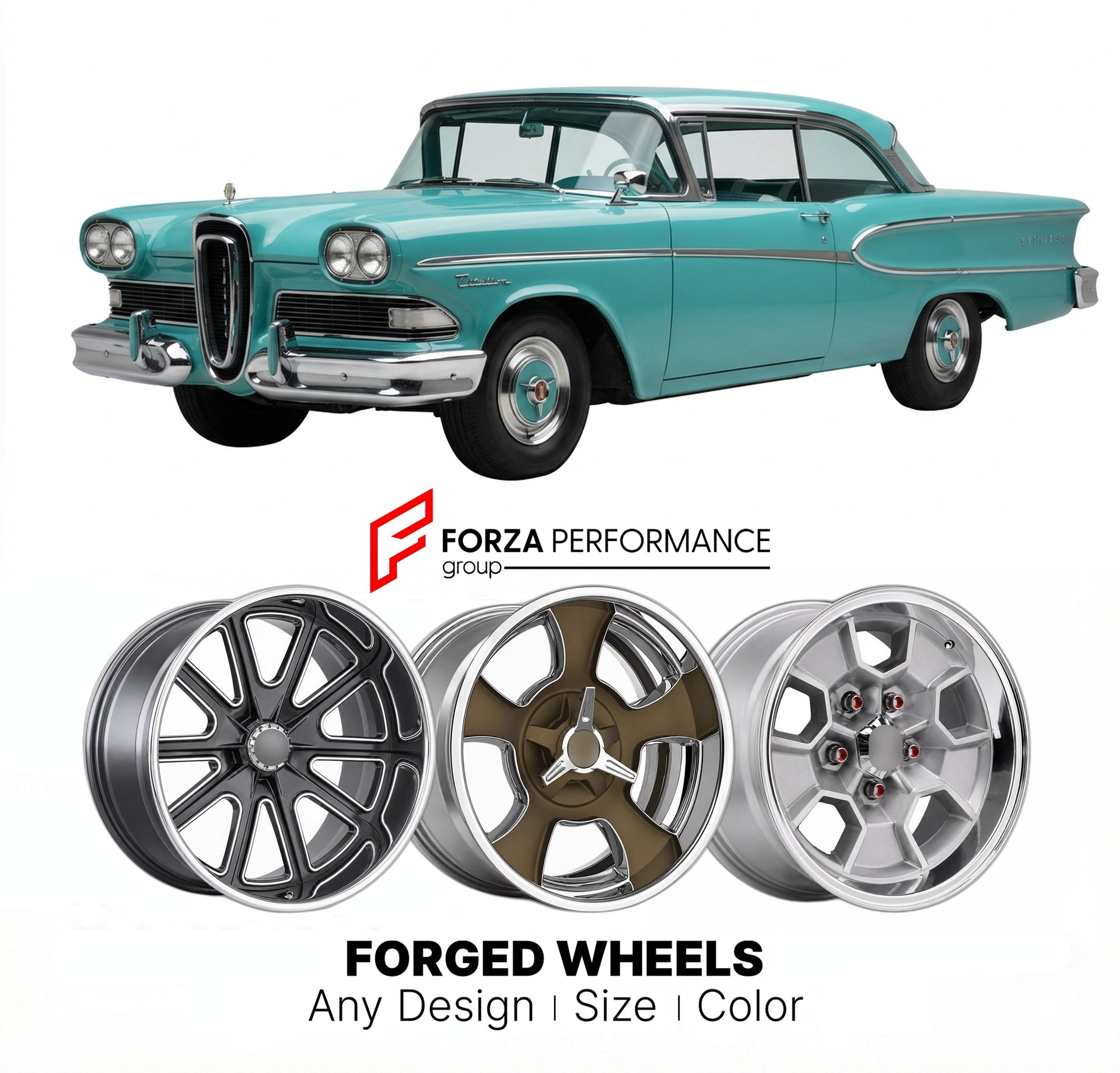 CUSTOM CLASSIC VINTAGE RESTOMOD RETRO OLD SCHOOL FORGED WHEELS RIMS for EDSEL CITATION 1958 - 1959
Custom forged wheels for classic American muscle cars. Ideal for restomod builds, vintage restorations, and show cars. Deep dish and retro styling available.

We manufacture premium quality forged wheels rims for Edsel Citation 1958 - 1959 in any design, size, color.

THIS WHEEL DESIGN CAN BE CUSTOM-MADE FOR YOUR CAR IN ANY SIZE AND COLOR OPTIONS
Available in monoblock, 2-piece, 3-piece, duoblock, beadlock
3D 