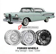 CUSTOM CLASSIC VINTAGE RESTOMOD RETRO OLD SCHOOL FORGED WHEELS RIMS for EDSEL PACER 1958 - 1958
Custom forged wheels for classic American muscle cars. Ideal for restomod builds, vintage restorations, and show cars. Deep dish and retro styling available.

We manufacture premium quality forged wheels rims for Edsel Pacer 1958 - 1958 in any design, size, color.

THIS WHEEL DESIGN CAN BE CUSTOM-MADE FOR YOUR CAR IN ANY SIZE AND COLOR OPTIONS
Available in monoblock, 2-piece, 3-piece, duoblock, beadlock
3D wheel 