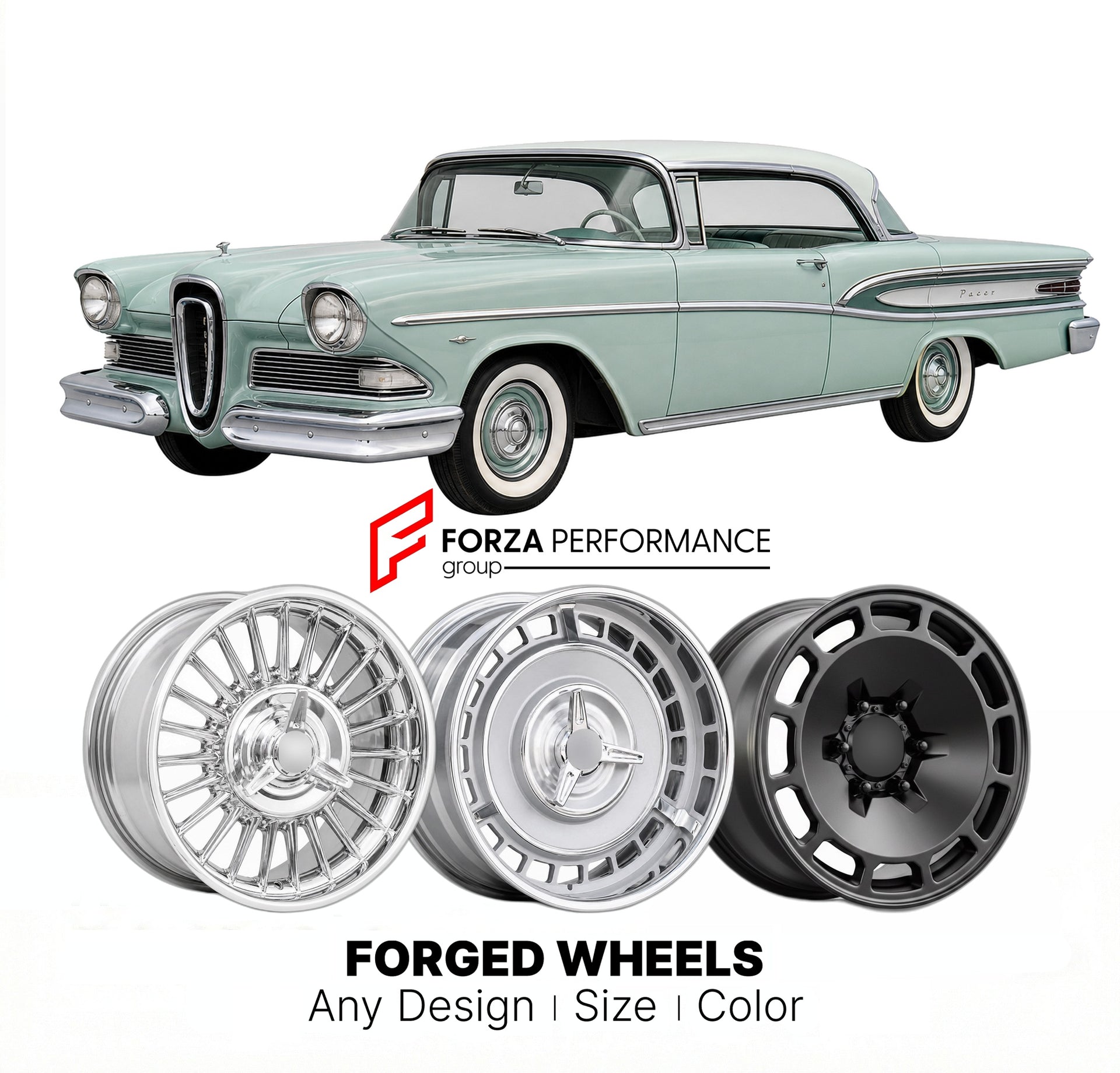 CUSTOM CLASSIC VINTAGE RESTOMOD RETRO OLD SCHOOL FORGED WHEELS RIMS for EDSEL PACER 1958 - 1958
Custom forged wheels for classic American muscle cars. Ideal for restomod builds, vintage restorations, and show cars. Deep dish and retro styling available.

We manufacture premium quality forged wheels rims for Edsel Pacer 1958 - 1958 in any design, size, color.

THIS WHEEL DESIGN CAN BE CUSTOM-MADE FOR YOUR CAR IN ANY SIZE AND COLOR OPTIONS
Available in monoblock, 2-piece, 3-piece, duoblock, beadlock
3D wheel 