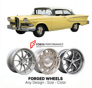 CUSTOM CLASSIC VINTAGE RESTOMOD RETRO OLD SCHOOL FORGED WHEELS RIMS for EDSEL RANGER 1958 - 1960
Custom forged wheels for classic American muscle cars. Ideal for restomod builds, vintage restorations, and show cars. Deep dish and retro styling available.

We manufacture premium quality forged wheels rims for Edsel Ranger 1958 - 1960 in any design, size, color.

THIS WHEEL DESIGN CAN BE CUSTOM-MADE FOR YOUR CAR IN ANY SIZE AND COLOR OPTIONS
Available in monoblock, 2-piece, 3-piece, duoblock, beadlock
3D whee