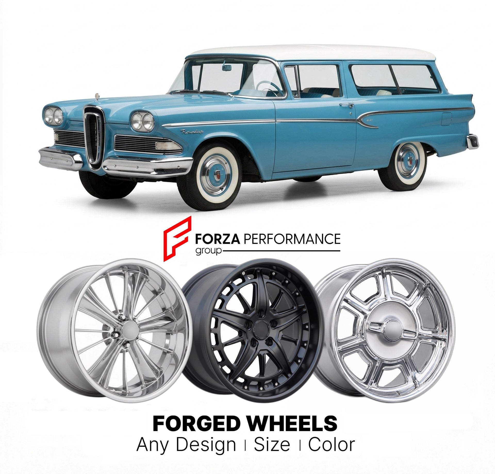 CUSTOM CLASSIC VINTAGE RESTOMOD RETRO OLD SCHOOL FORGED WHEELS RIMS for EDSEL ROUNDUP 1958 - 1959
Custom forged wheels for classic American muscle cars. Ideal for restomod builds, vintage restorations, and show cars. Deep dish and retro styling available.

We manufacture premium quality forged wheels rims for Edsel Roundup 1958 - 1959 in any design, size, color.

THIS WHEEL DESIGN CAN BE CUSTOM-MADE FOR YOUR CAR IN ANY SIZE AND COLOR OPTIONS
Available in monoblock, 2-piece, 3-piece, duoblock, beadlock
3D wh