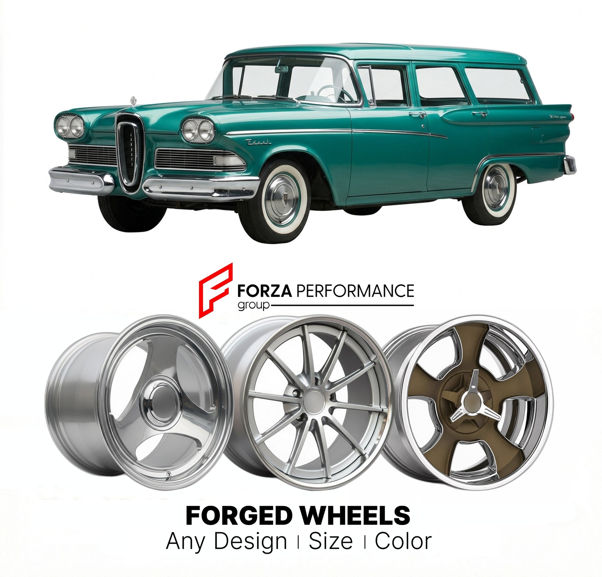 CUSTOM CLASSIC VINTAGE RESTOMOD RETRO OLD SCHOOL FORGED WHEELS RIMS for EDSEL VILLAGER 1958 - 1960
Custom forged wheels for classic American muscle cars. Ideal for restomod builds, vintage restorations, and show cars. Deep dish and retro styling available.

We manufacture premium quality forged wheels rims for Edsel Villager 1958 - 1960 in any design, size, color.

THIS WHEEL DESIGN CAN BE CUSTOM-MADE FOR YOUR CAR IN ANY SIZE AND COLOR OPTIONS
Available in monoblock, 2-piece, 3-piece, duoblock, beadlock
3D 