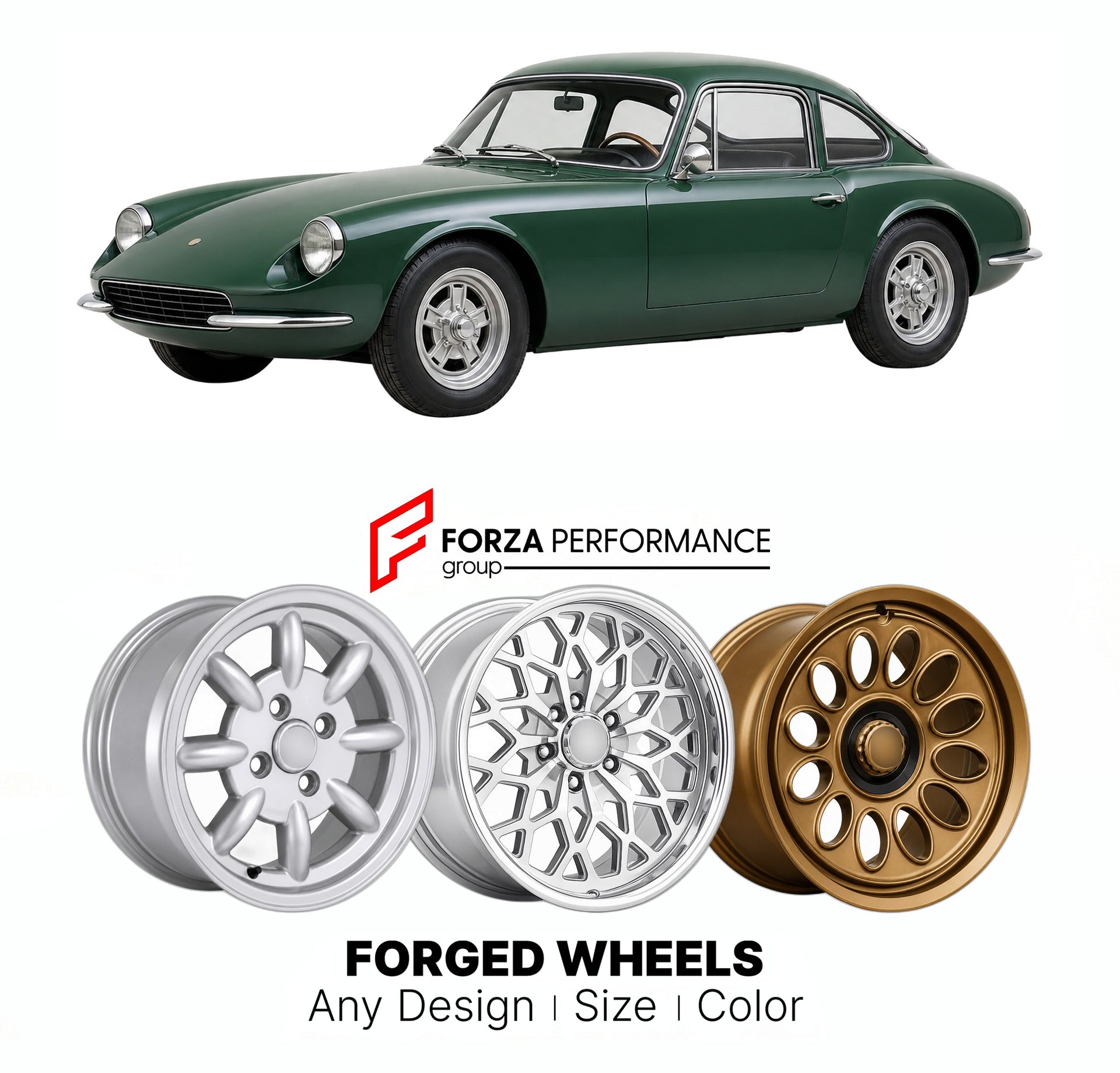CUSTOM CLASSIC VINTAGE RESTOMOD RETRO OLD SCHOOL FORGED WHEELS RIMS for ELVA COURIER MKIII 1962 - 1965

Custom forged wheels for Elva Courier MkIII 1962 - 1965. Classic, vintage, restomod wheel designs made to order in custom sizes, offsets, colors and finishes.

We manufacture premium quality forged wheels rims for Elva Courier MkIII 1962 - 1965 in any design, size, color.

THIS WHEEL DESIGN CAN BE CUSTOM-MADE FOR YOUR CAR IN ANY SIZE AND COLOR OPTIONS
Available in monoblock, 2-piece, 3-piece, duoblock, be