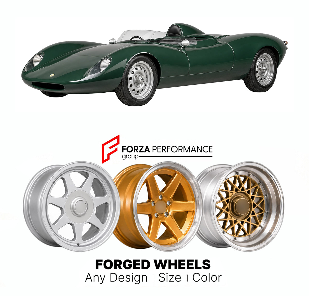 CUSTOM CLASSIC VINTAGE RESTOMOD RETRO OLD SCHOOL FORGED WHEELS RIMS for ELVA MK7 SPORTS RACER 1963 - 1965

Custom forged wheels for Elva Mk7 Sports Racer 1963 - 1965. Classic, vintage, restomod wheel designs made to order in custom sizes, offsets, colors and finishes.

We manufacture premium quality forged wheels rims for Elva Mk7 Sports Racer 1963 - 1965 in any design, size, color.

THIS WHEEL DESIGN CAN BE CUSTOM-MADE FOR YOUR CAR IN ANY SIZE AND COLOR OPTIONS
Available in monoblock, 2-piece, 3-piece, duo