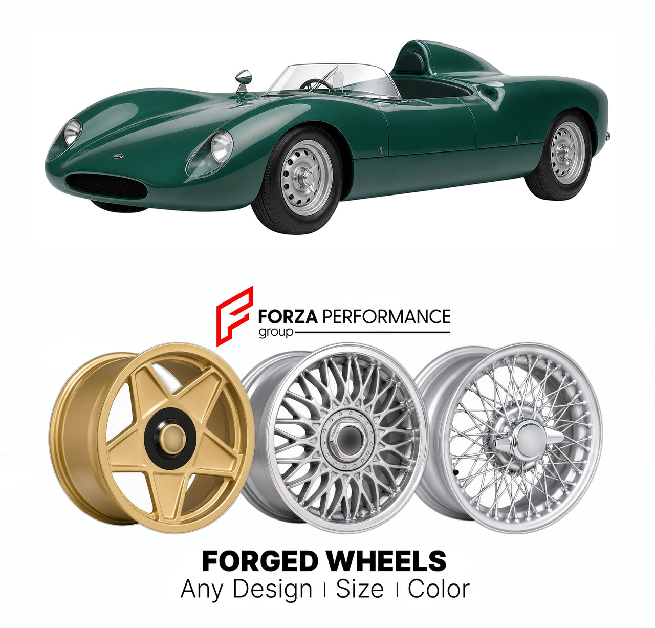 CUSTOM CLASSIC VINTAGE RESTOMOD RETRO OLD SCHOOL FORGED WHEELS RIMS for ELVA MK8 SPORTS RACER 1964 - 1968

Custom forged wheels for Elva Mk8 Sports Racer 1964 - 1968. Classic, vintage, restomod wheel designs made to order in custom sizes, offsets, colors and finishes.

We manufacture premium quality forged wheels rims for Elva Mk8 Sports Racer 1964 - 1968 in any design, size, color.

THIS WHEEL DESIGN CAN BE CUSTOM-MADE FOR YOUR CAR IN ANY SIZE AND COLOR OPTIONS
Available in monoblock, 2-piece, 3-piece, duo