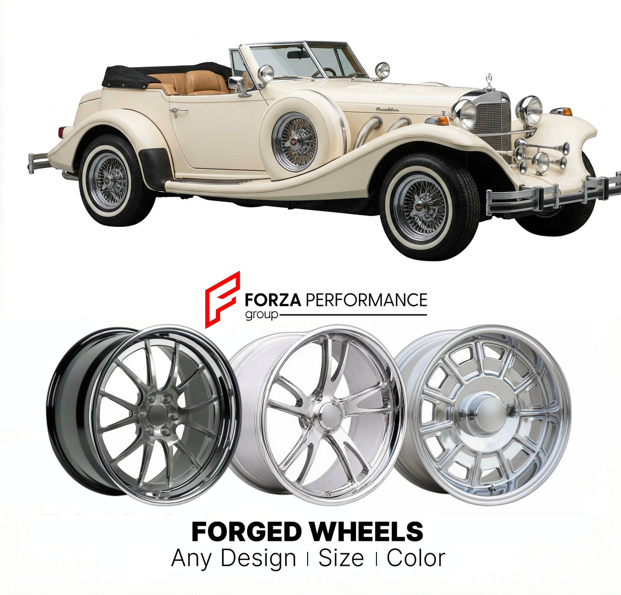 CUSTOM CLASSIC VINTAGE RESTOMOD RETRO OLD SCHOOL FORGED WHEELS RIMS for EXCALIBUR SERIES III 1980 - 1986
Custom forged wheels for classic American muscle cars. Ideal for restomod builds, vintage restorations, and show cars. Deep dish and retro styling available.

We manufacture premium quality forged wheels rims for Excalibur Series III 1980 - 1986 in any design, size, color.

THIS WHEEL DESIGN CAN BE CUSTOM-MADE FOR YOUR CAR IN ANY SIZE AND COLOR OPTIONS
Available in monoblock, 2-piece, 3-piece, duoblock, 