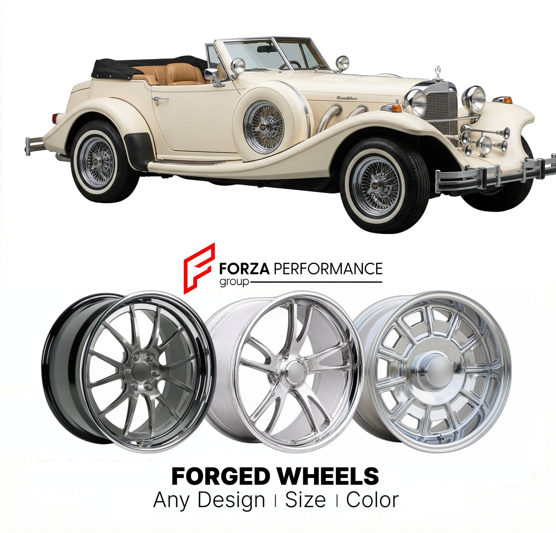 CUSTOM CLASSIC VINTAGE RESTOMOD RETRO OLD SCHOOL FORGED WHEELS RIMS for EXCALIBUR SERIES III 1980 - 1986
Custom forged wheels for classic American muscle cars. Ideal for restomod builds, vintage restorations, and show cars. Deep dish and retro styling available.

We manufacture premium quality forged wheels rims for Excalibur Series III 1980 - 1986 in any design, size, color.

THIS WHEEL DESIGN CAN BE CUSTOM-MADE FOR YOUR CAR IN ANY SIZE AND COLOR OPTIONS
Available in monoblock, 2-piece, 3-piece, duoblock, 