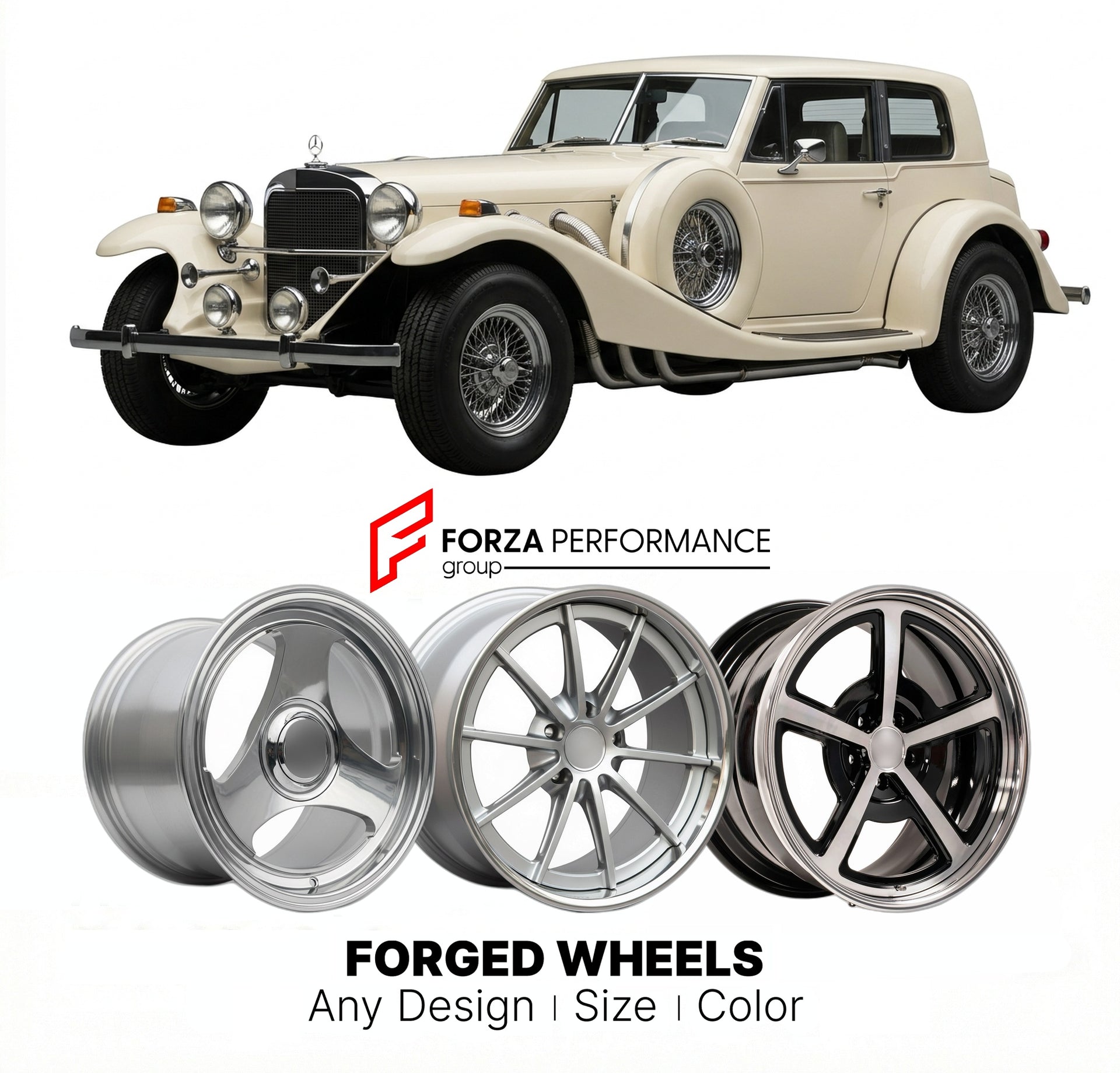 CUSTOM CLASSIC VINTAGE RESTOMOD RETRO OLD SCHOOL FORGED WHEELS RIMS for EXCALIBUR SERIES II 1969 - 1980
Custom forged wheels for classic American muscle cars. Ideal for restomod builds, vintage restorations, and show cars. Deep dish and retro styling available.

We manufacture premium quality forged wheels rims for Excalibur Series II 1969 - 1980 in any design, size, color.

THIS WHEEL DESIGN CAN BE CUSTOM-MADE FOR YOUR CAR IN ANY SIZE AND COLOR OPTIONS
Available in monoblock, 2-piece, 3-piece, duoblock, be