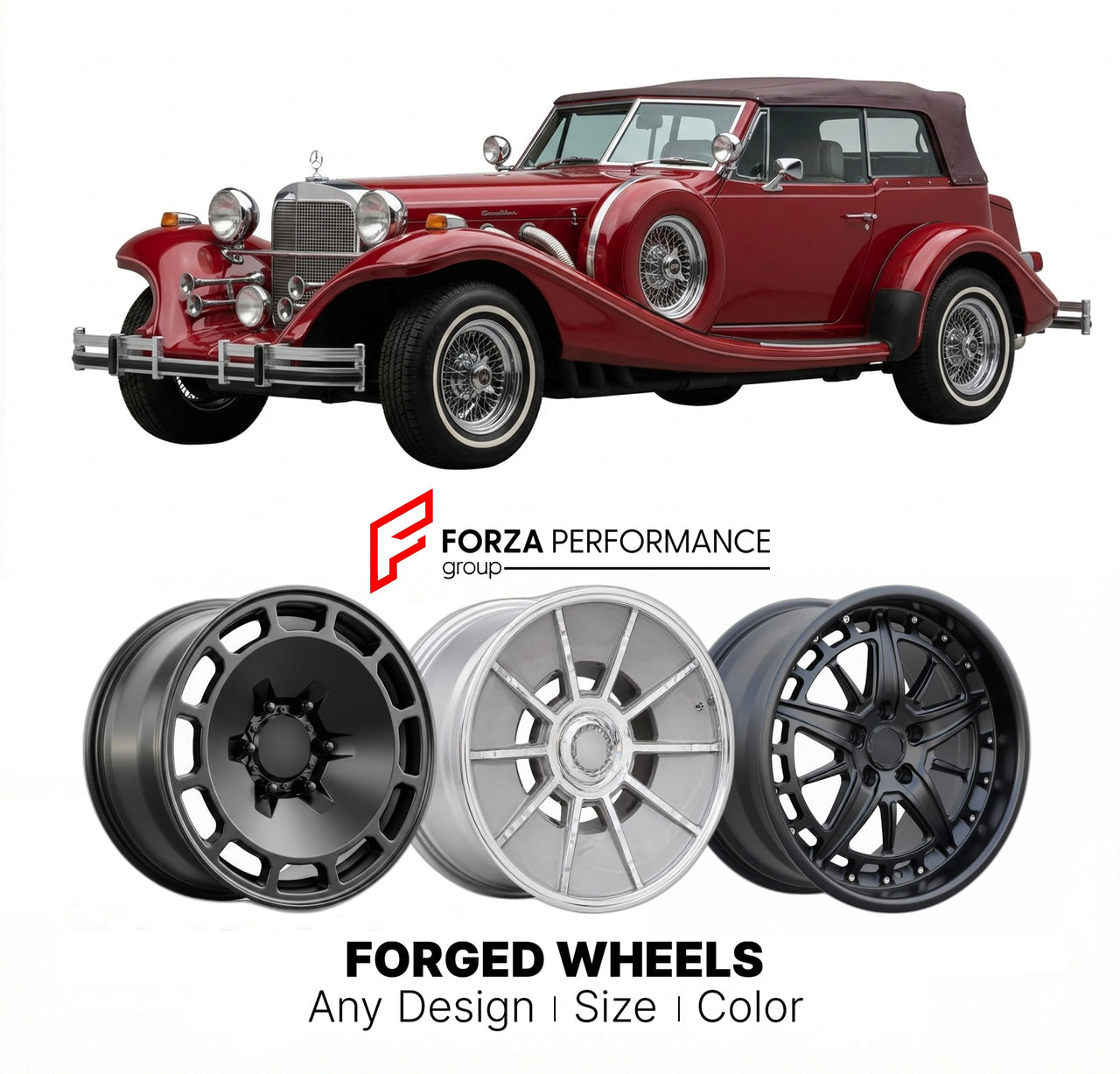 CUSTOM CLASSIC VINTAGE RESTOMOD RETRO OLD SCHOOL FORGED WHEELS RIMS for EXCALIBUR SERIES IV 1986 - 1990
Custom forged wheels for classic American muscle cars. Ideal for restomod builds, vintage restorations, and show cars. Deep dish and retro styling available.

We manufacture premium quality forged wheels rims for Excalibur Series IV 1986 - 1990 in any design, size, color.

THIS WHEEL DESIGN CAN BE CUSTOM-MADE FOR YOUR CAR IN ANY SIZE AND COLOR OPTIONS
Available in monoblock, 2-piece, 3-piece, duoblock, be