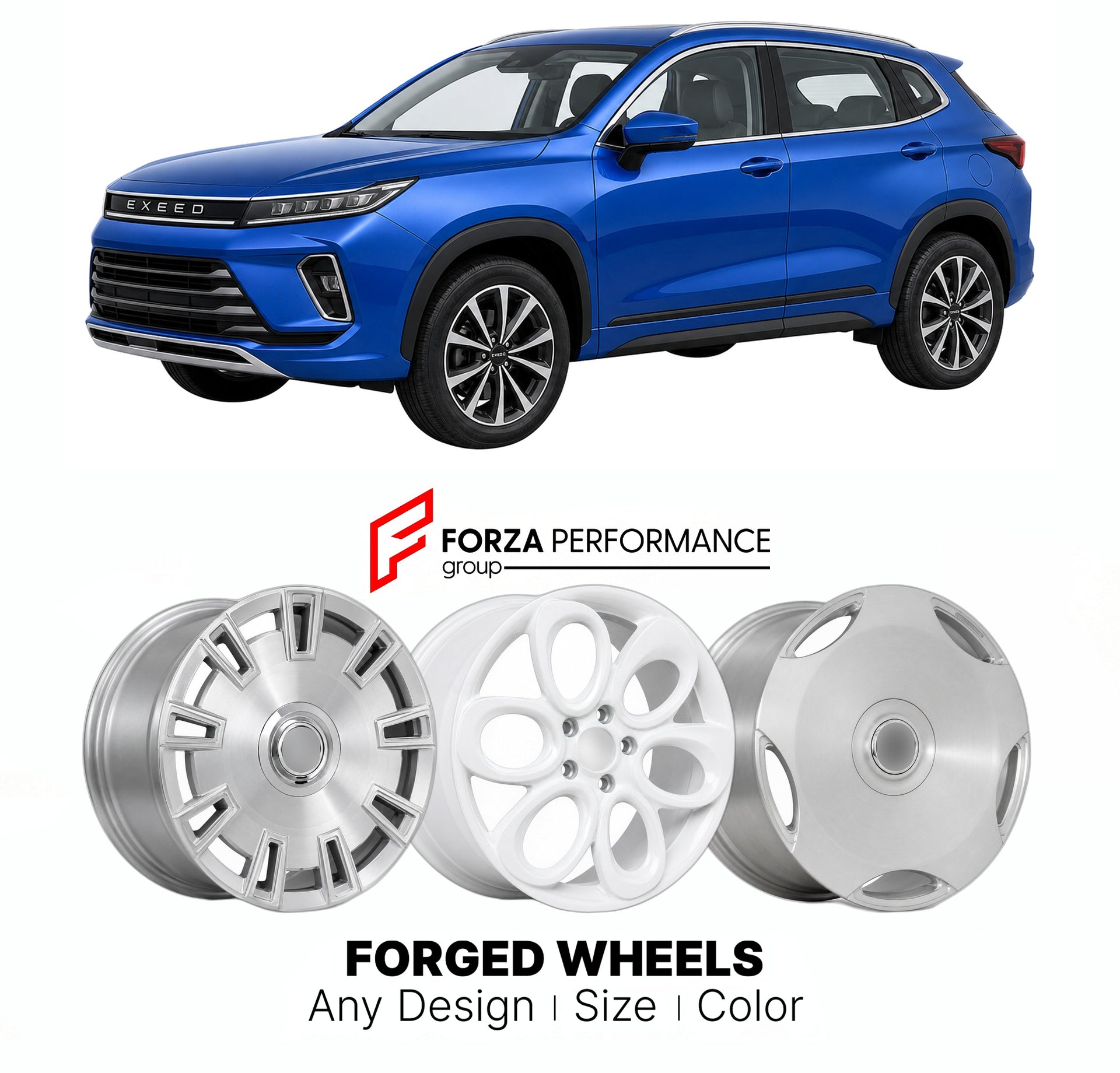 Custom forged wheels for Exeed Chery LX 2019+. Made-to-order monoblock, 2-piece and 3-piece wheels in custom sizes, offsets, colors and finishes with guaranteed vehicle fitment.

We manufacture premium quality forged wheels rims for Exeed Chery LX 2019+ in any design, size, color.

THIS WHEEL DESIGN CAN BE CUSTOM-MADE FOR YOUR CAR IN ANY SIZE AND COLOR OPTIONS
Available in monoblock, 2-piece, 3-piece, duoblock, beadlock
3D wheel renderings are provided according to the exact dimensions and specifications re