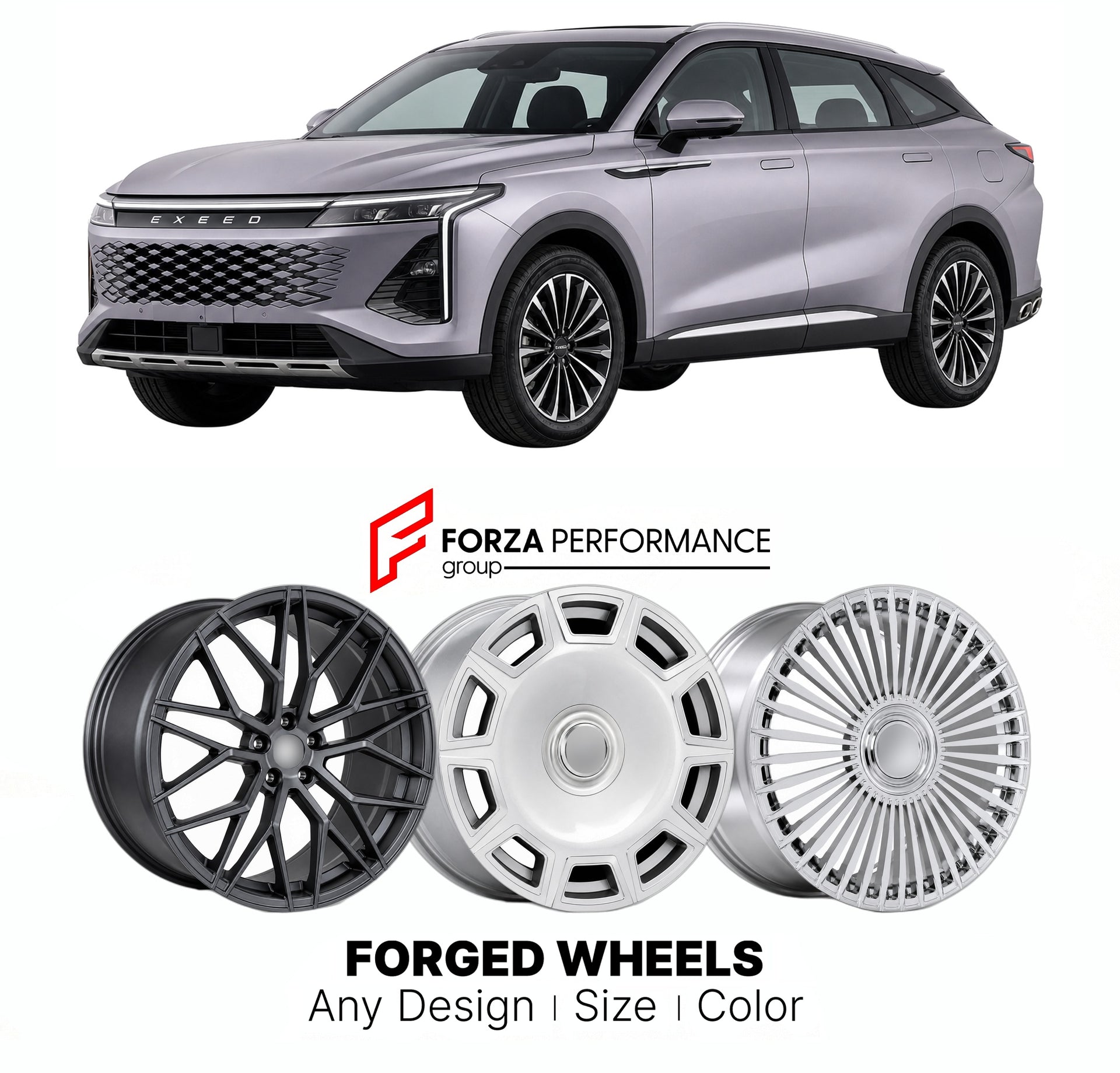 Custom forged wheels for Exeed Chery RX Yaoguang 2023+. Made-to-order monoblock, 2-piece and 3-piece wheels in custom sizes, offsets, colors and finishes with guaranteed vehicle fitment.

We manufacture premium quality forged wheels rims for Exeed Chery RX Yaoguang 2023+ in any design, size, color.

THIS WHEEL DESIGN CAN BE CUSTOM-MADE FOR YOUR CAR IN ANY SIZE AND COLOR OPTIONS
Available in monoblock, 2-piece, 3-piece, duoblock, beadlock
3D wheel renderings are provided according to the exact dimensions and
