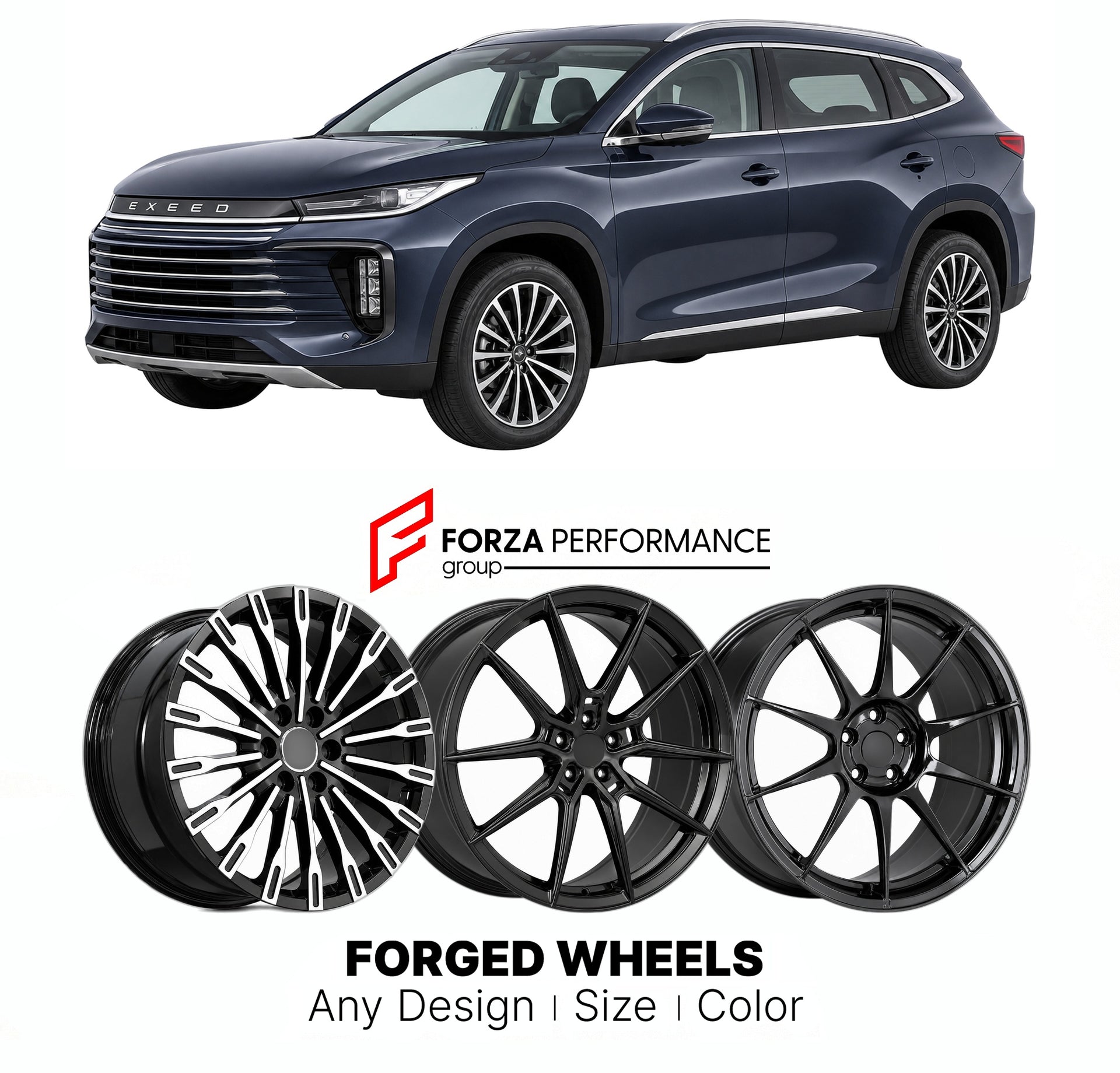 Custom forged wheels for Exeed Chery TXL 2020+. Made-to-order monoblock, 2-piece and 3-piece wheels in custom sizes, offsets, colors and finishes with guaranteed vehicle fitment.

We manufacture premium quality forged wheels rims for Exeed Chery TXL 2020+ in any design, size, color.

THIS WHEEL DESIGN CAN BE CUSTOM-MADE FOR YOUR CAR IN ANY SIZE AND COLOR OPTIONS
Available in monoblock, 2-piece, 3-piece, duoblock, beadlock
3D wheel renderings are provided according to the exact dimensions and specifications 