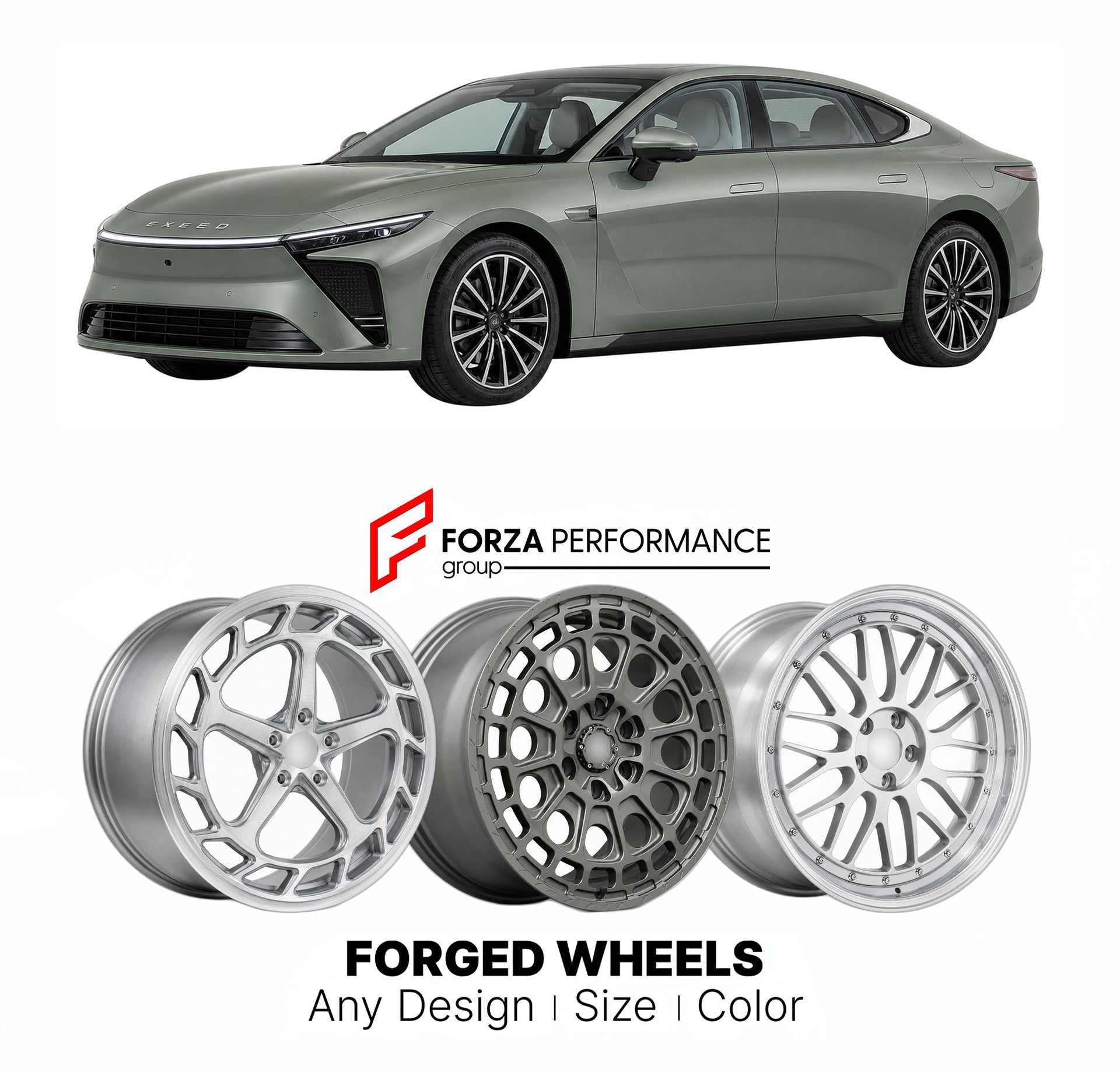 Custom forged wheels for Exlantix Exeed ES 2024+. Made-to-order monoblock, 2-piece and 3-piece wheels in custom sizes, offsets, colors and finishes with guaranteed vehicle fitment.

We manufacture premium quality forged wheels rims for Exlantix Exeed ES 2024+ in any design, size, color.

THIS WHEEL DESIGN CAN BE CUSTOM-MADE FOR YOUR CAR IN ANY SIZE AND COLOR OPTIONS
Available in monoblock, 2-piece, 3-piece, duoblock, beadlock
3D wheel renderings are provided according to the exact dimensions and specificati
