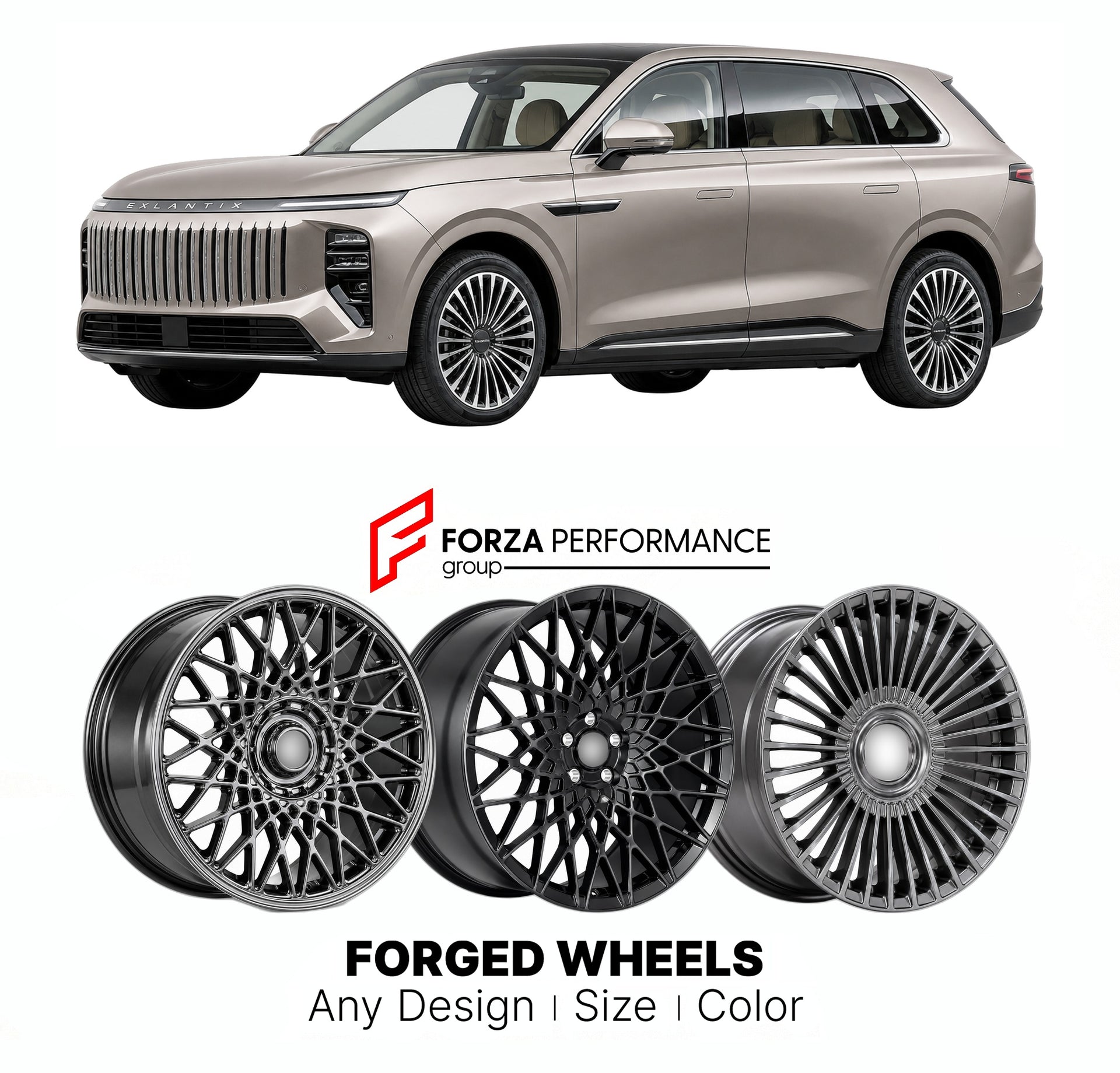Custom forged wheels for Exlantix Exeed ET 2024+. Made-to-order monoblock, 2-piece and 3-piece wheels in custom sizes, offsets, colors and finishes with guaranteed vehicle fitment.

We manufacture premium quality forged wheels rims for Exlantix Exeed ET 2024+ in any design, size, color.

THIS WHEEL DESIGN CAN BE CUSTOM-MADE FOR YOUR CAR IN ANY SIZE AND COLOR OPTIONS
Available in monoblock, 2-piece, 3-piece, duoblock, beadlock
3D wheel renderings are provided according to the exact dimensions and specificati