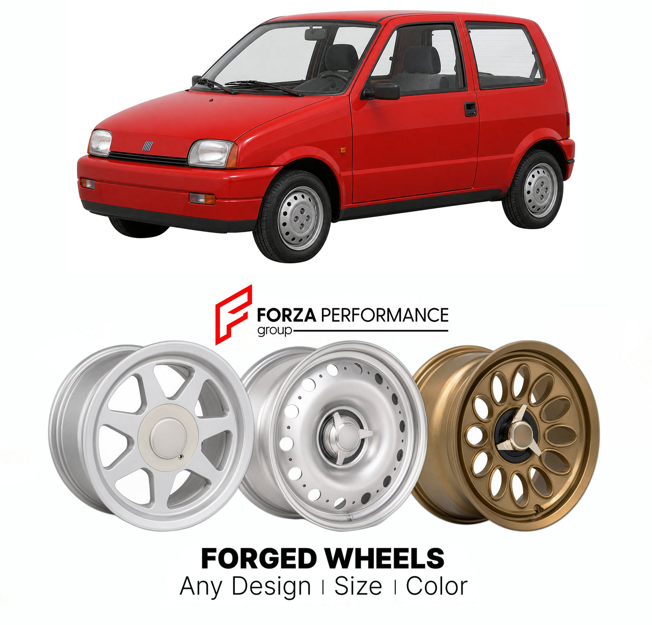 CUSTOM CLASSIC VINTAGE RESTOMOD RETRO OLD SCHOOL FORGED WHEELS RIMS for FSM CINQUECENTO 1991 - 1998

Custom forged wheels for FSM Cinquecento 1991 - 1998. Classic, vintage, restomod wheel designs made to order in custom sizes, offsets, colors and finishes.

We manufacture premium quality forged wheels rims for FSM Cinquecento 1991 - 1998 in any design, size, color.

THIS WHEEL DESIGN CAN BE CUSTOM-MADE FOR YOUR CAR IN ANY SIZE AND COLOR OPTIONS
Available in monoblock, 2-piece, 3-piece, duoblock, beadlock
3D