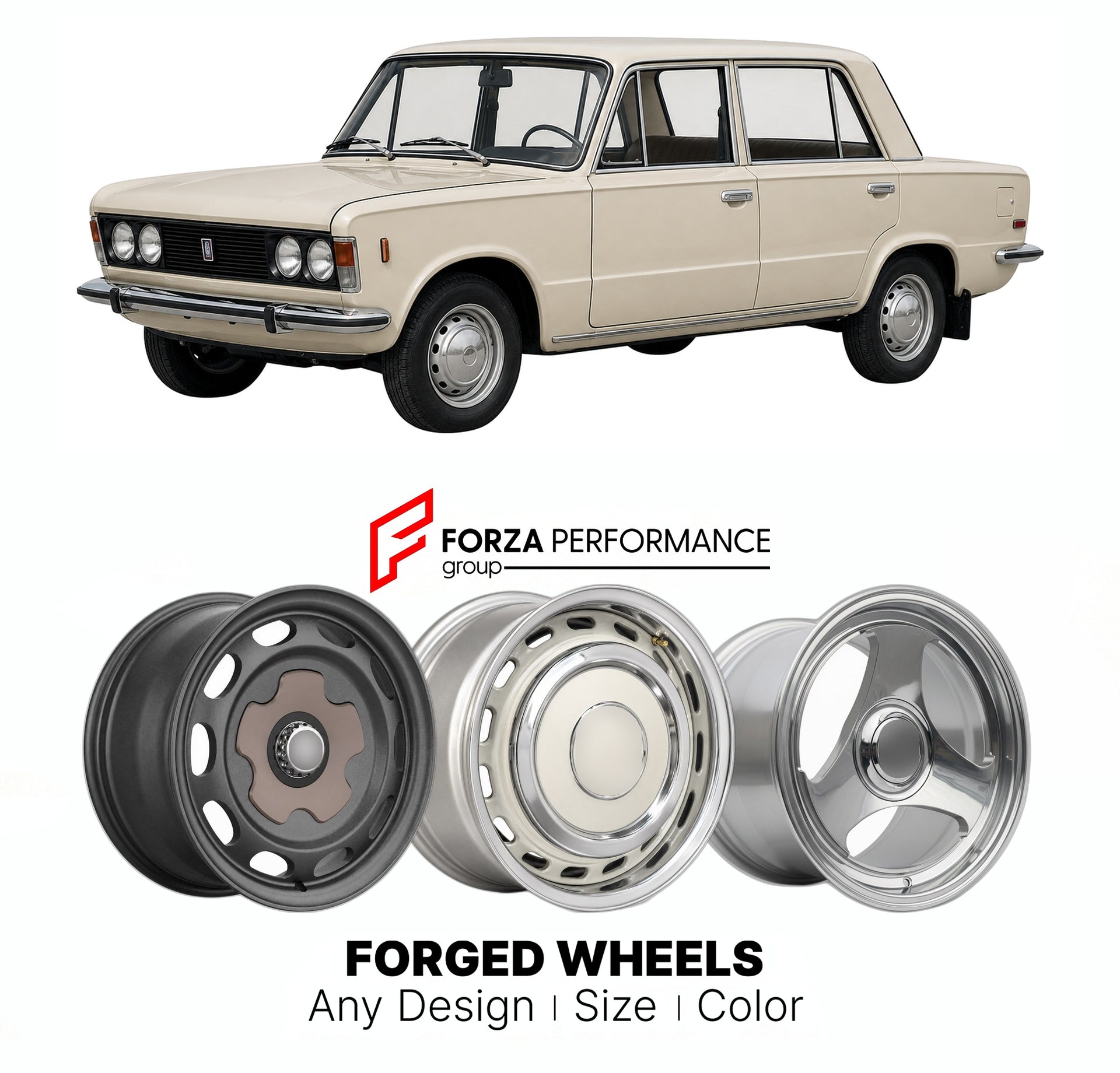 CUSTOM CLASSIC VINTAGE RESTOMOD RETRO OLD SCHOOL FORGED WHEELS RIMS for FSO 125P 1967 - 1991

Custom forged wheels for FSO 125p 1967 - 1991. Classic, vintage, restomod wheel designs made to order in custom sizes, offsets, colors and finishes.

We manufacture premium quality forged wheels rims for FSO 125p 1967 - 1991 in any design, size, color.

THIS WHEEL DESIGN CAN BE CUSTOM-MADE FOR YOUR CAR IN ANY SIZE AND COLOR OPTIONS
Available in monoblock, 2-piece, 3-piece, duoblock, beadlock
3D wheel renderings are