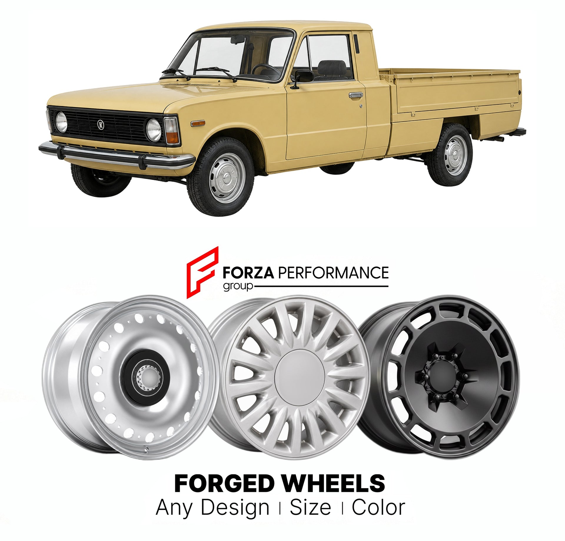 CUSTOM CLASSIC VINTAGE RESTOMOD RETRO OLD SCHOOL FORGED WHEELS RIMS for FSO 125P PICKUP 1975 - 1991

Custom forged wheels for FSO 125p Pickup 1975 - 1991. Classic, vintage, restomod wheel designs made to order in custom sizes, offsets, colors and finishes.

We manufacture premium quality forged wheels rims for FSO 125p Pickup 1975 - 1991 in any design, size, color.

THIS WHEEL DESIGN CAN BE CUSTOM-MADE FOR YOUR CAR IN ANY SIZE AND COLOR OPTIONS
Available in monoblock, 2-piece, 3-piece, duoblock, beadlock
3D