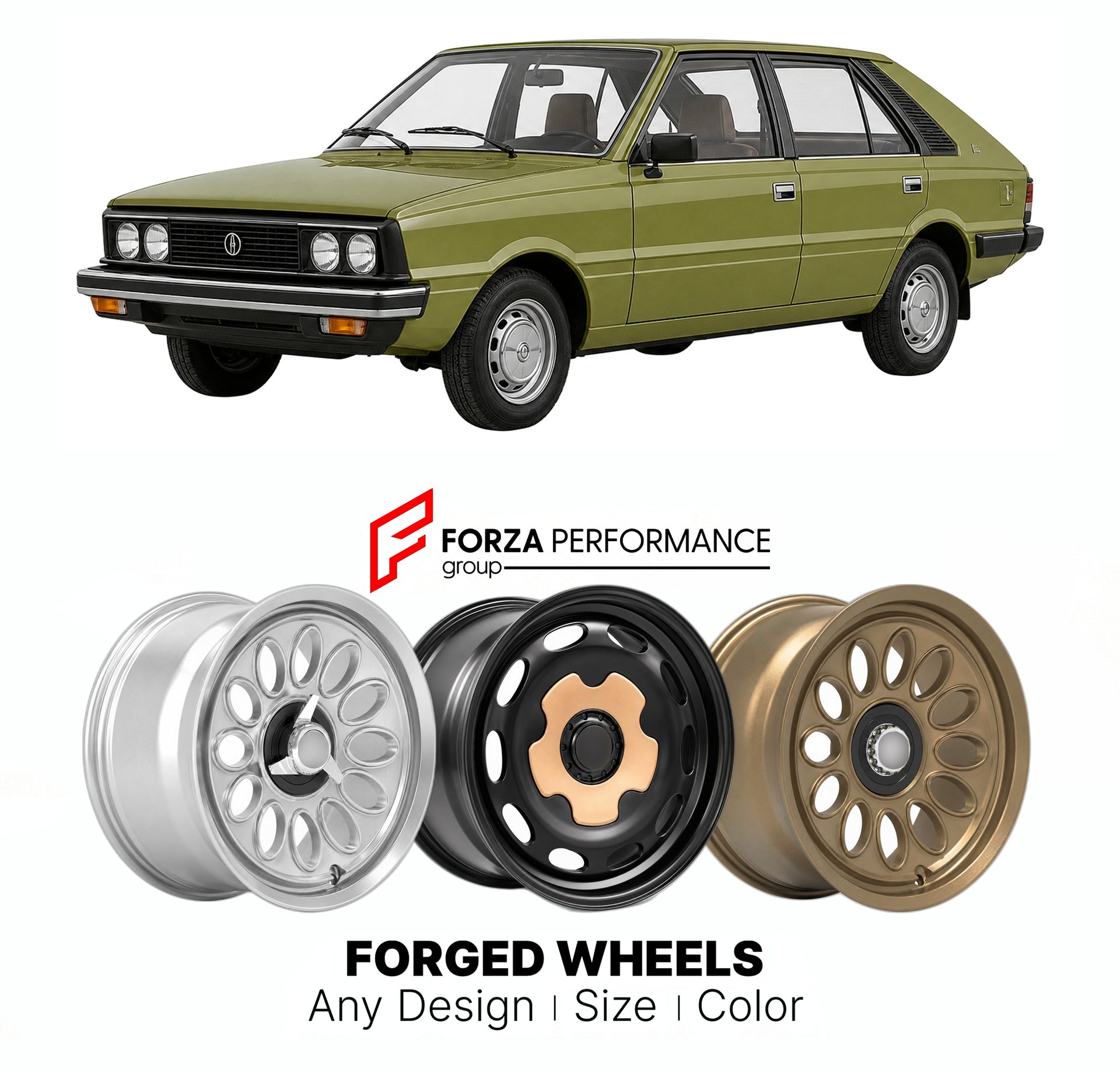 CUSTOM CLASSIC VINTAGE RESTOMOD RETRO OLD SCHOOL FORGED WHEELS RIMS for FSO POLONEZ 1978 - 1991

Custom forged wheels for FSO Polonez 1978 - 1991. Classic, vintage, restomod wheel designs made to order in custom sizes, offsets, colors and finishes.

We manufacture premium quality forged wheels rims for FSO Polonez 1978 - 1991 in any design, size, color.

THIS WHEEL DESIGN CAN BE CUSTOM-MADE FOR YOUR CAR IN ANY SIZE AND COLOR OPTIONS
Available in monoblock, 2-piece, 3-piece, duoblock, beadlock
3D wheel rende