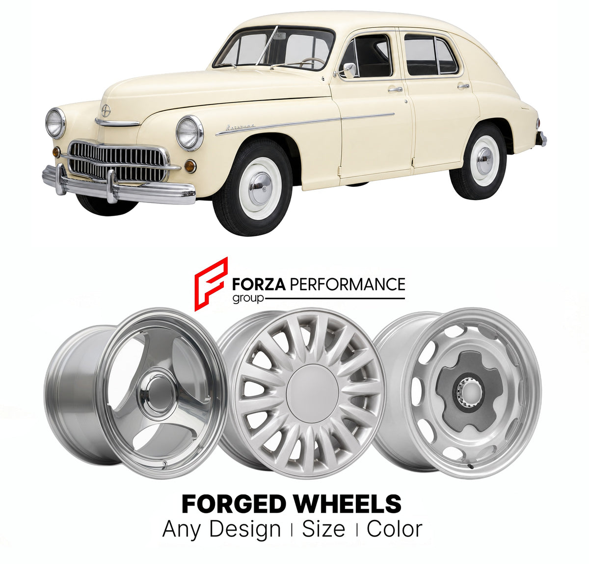 CUSTOM CLASSIC VINTAGE RESTOMOD RETRO OLD SCHOOL FORGED WHEELS RIMS for FSO WARSZAWA 201 1960 - 1964

Custom forged wheels for FSO Warszawa 201 1960 - 1964. Classic, vintage, restomod wheel designs made to order in custom sizes, offsets, colors and finishes.

We manufacture premium quality forged wheels rims for FSO Warszawa 201 1960 - 1964 in any design, size, color.

THIS WHEEL DESIGN CAN BE CUSTOM-MADE FOR YOUR CAR IN ANY SIZE AND COLOR OPTIONS
Available in monoblock, 2-piece, 3-piece, duoblock, beadlock