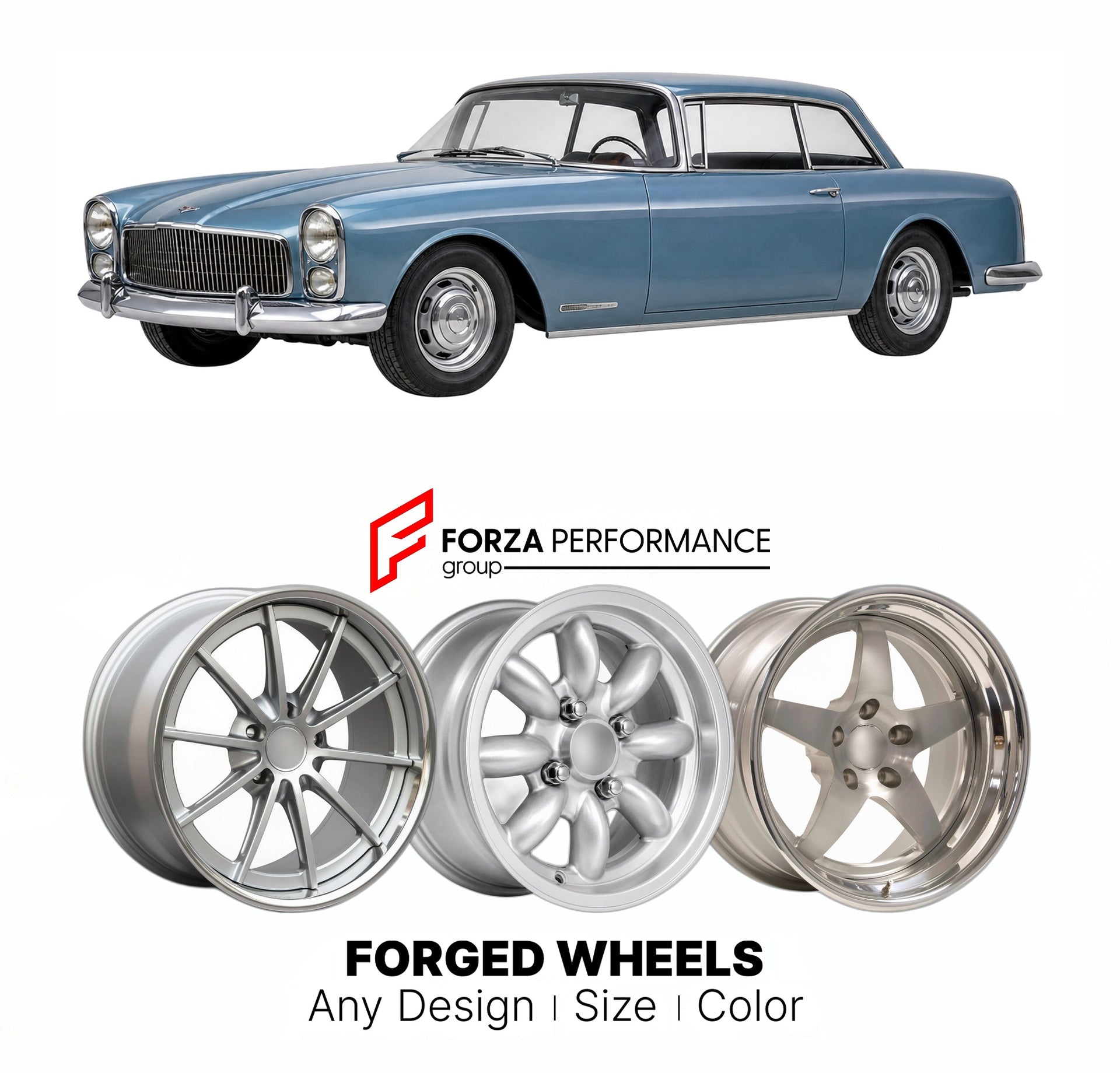 CUSTOM CLASSIC VINTAGE RESTOMOD RETRO OLD SCHOOL FORGED WHEELS RIMS for FACEL VEGA FACEL II 1961 - 1964

Custom forged wheels for Facel Vega Facel II 1961 - 1964. Classic, vintage, restomod wheel designs made to order in custom sizes, offsets, colors and finishes.

We manufacture premium quality forged wheels rims for Facel Vega Facel II 1961 - 1964 in any design, size, color.

THIS WHEEL DESIGN CAN BE CUSTOM-MADE FOR YOUR CAR IN ANY SIZE AND COLOR OPTIONS
Available in monoblock, 2-piece, 3-piece, duoblock,