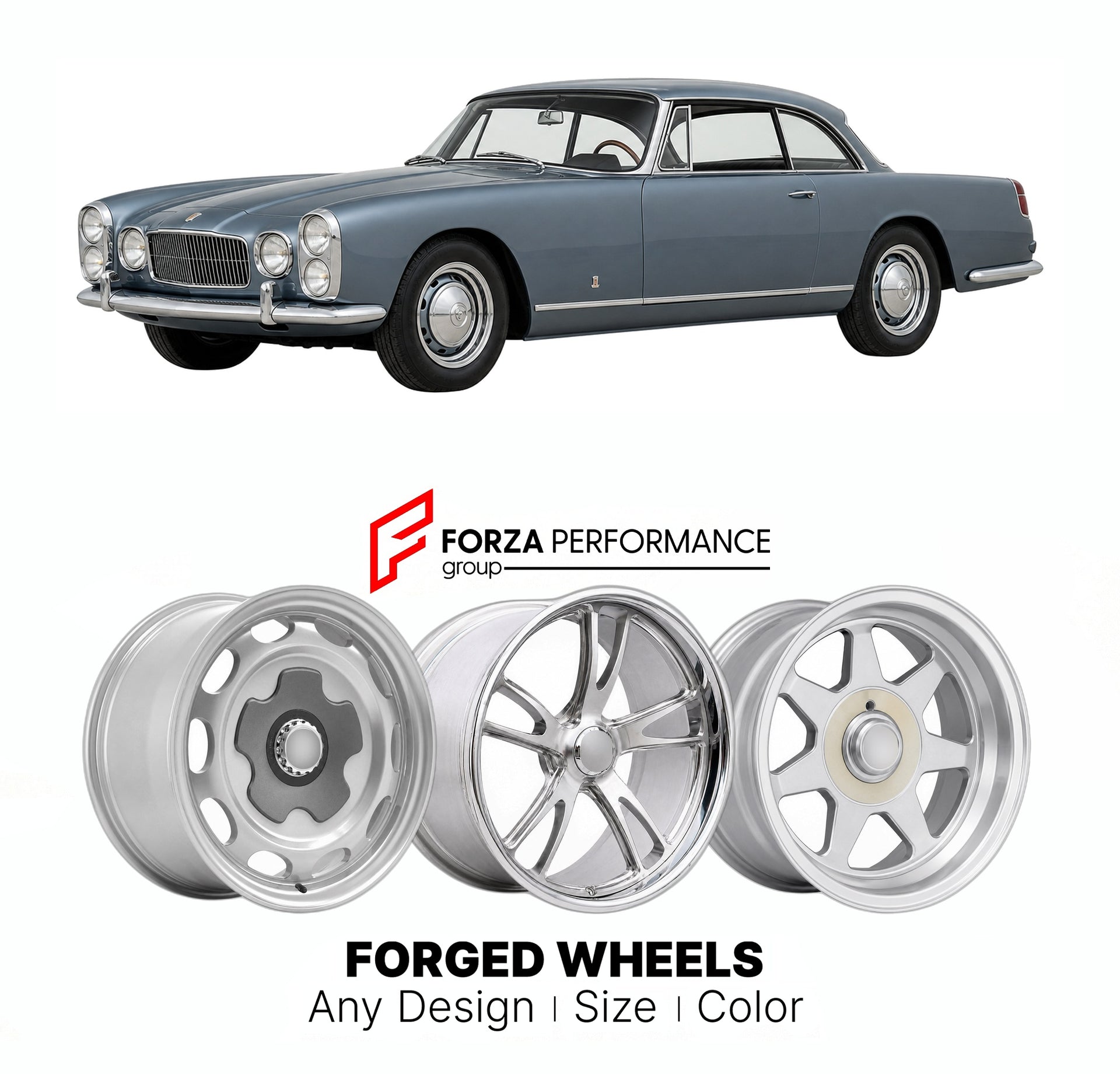 CUSTOM CLASSIC VINTAGE RESTOMOD RETRO OLD SCHOOL FORGED WHEELS RIMS for FACEL VEGA FACEL II 1962 - 1964

Custom forged wheels for Facel Vega Facel II 1962 - 1964. Classic, vintage, restomod wheel designs made to order in custom sizes, offsets, colors and finishes.

We manufacture premium quality forged wheels rims for Facel Vega Facel II 1962 - 1964 in any design, size, color.

THIS WHEEL DESIGN CAN BE CUSTOM-MADE FOR YOUR CAR IN ANY SIZE AND COLOR OPTIONS
Available in monoblock, 2-piece, 3-piece, duoblock,