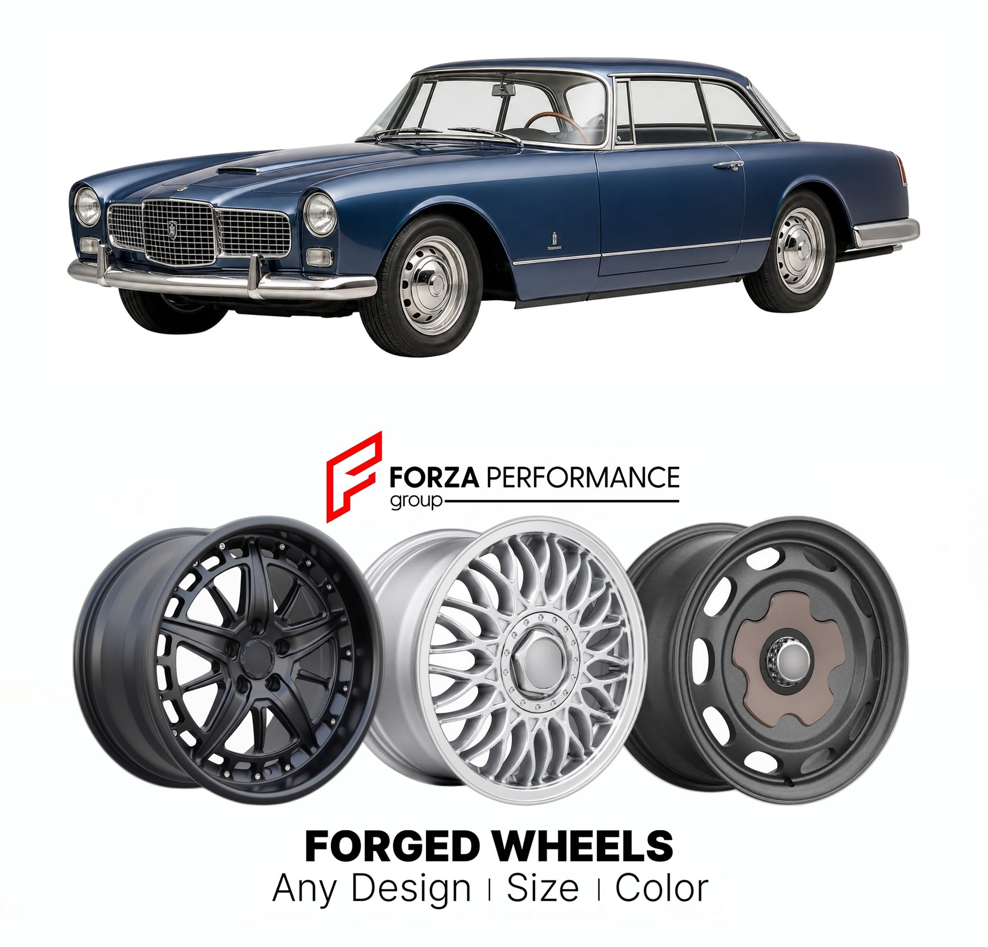 CUSTOM CLASSIC VINTAGE RESTOMOD RETRO OLD SCHOOL FORGED WHEELS RIMS for FACEL VEGA HK500 1959 - 1961

Custom forged wheels for Facel Vega HK500 1959 - 1961. Classic, vintage, restomod wheel designs made to order in custom sizes, offsets, colors and finishes.

We manufacture premium quality forged wheels rims for Facel Vega HK500 1959 - 1961 in any design, size, color.

THIS WHEEL DESIGN CAN BE CUSTOM-MADE FOR YOUR CAR IN ANY SIZE AND COLOR OPTIONS
Available in monoblock, 2-piece, 3-piece, duoblock, beadlock