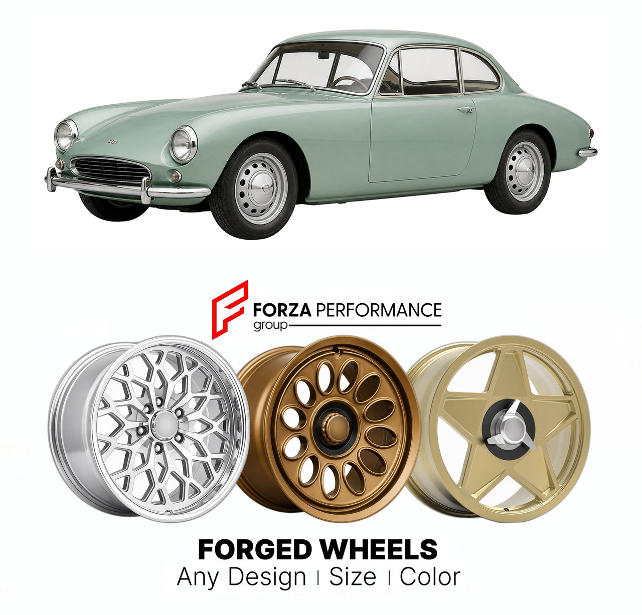 CUSTOM CLASSIC VINTAGE RESTOMOD RETRO OLD SCHOOL FORGED WHEELS RIMS for FAIRTHORPE ROCKETTE 1960 - 1961

Custom forged wheels for Fairthorpe Rockette 1960 - 1961. Classic, vintage, restomod wheel designs made to order in custom sizes, offsets, colors and finishes.

We manufacture premium quality forged wheels rims for Fairthorpe Rockette 1960 - 1961 in any design, size, color.

THIS WHEEL DESIGN CAN BE CUSTOM-MADE FOR YOUR CAR IN ANY SIZE AND COLOR OPTIONS
Available in monoblock, 2-piece, 3-piece, duoblock,