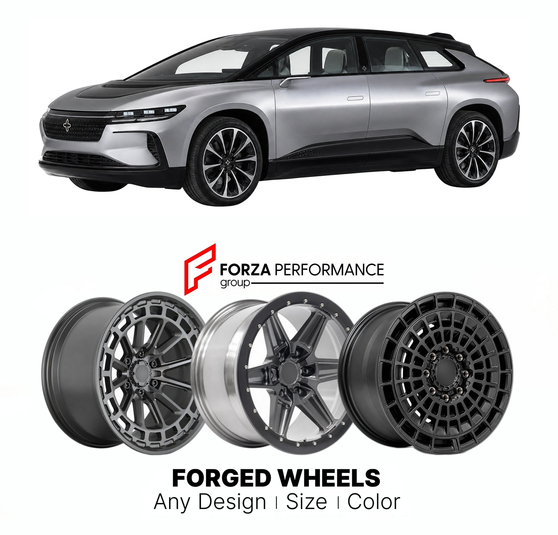 FORGED WHEELS RIMS for FARADAY FUTURE FF 91 2.0 FUTURIST ALLIANCE 2023+

Custom forged wheels for Faraday Future FF 91 2.0 Futurist Alliance 2023+. Made-to-order monoblock, 2-piece and 3-piece rims in custom sizes, offsets, colors and finishes with guaranteed fitment.

We manufacture premium quality forged wheels rims for Faraday Future FF 91 2.0 Futurist Alliance 2023+ in any design, size, color.

THIS WHEEL DESIGN CAN BE CUSTOM-MADE FOR YOUR CAR IN ANY SIZE AND COLOR OPTIONS
Available in monoblock, 2-piec
