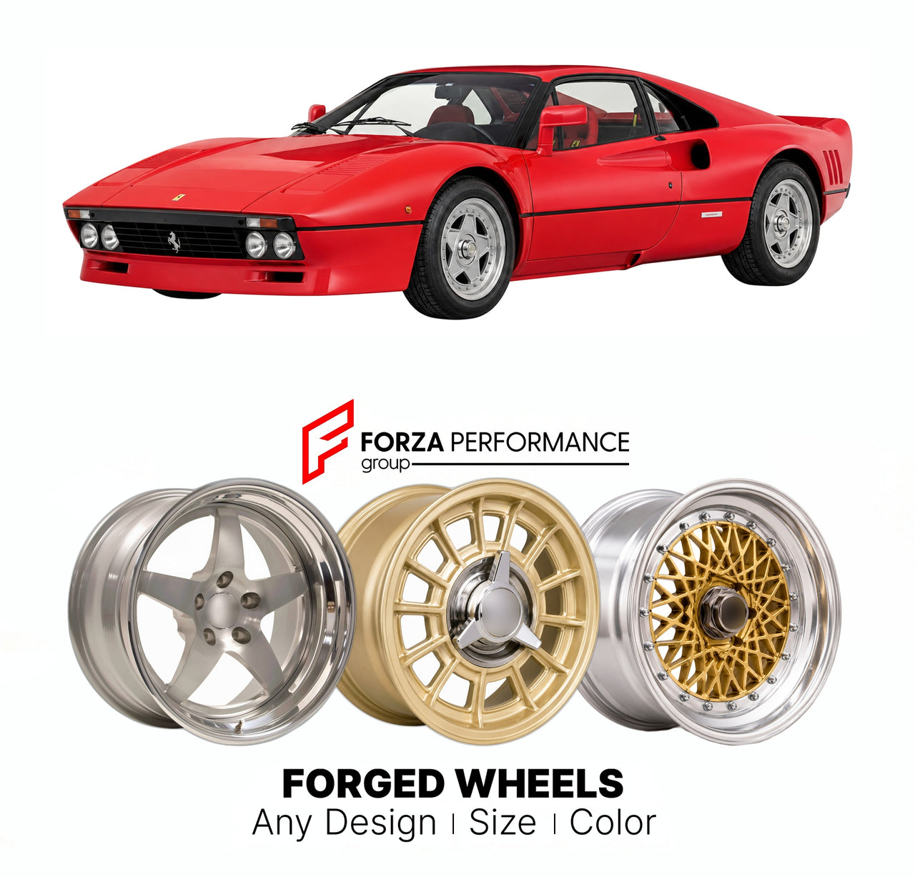 CUSTOM CLASSIC VINTAGE RESTOMOD RETRO OLD SCHOOL FORGED WHEELS RIMS for FERRARI 288 GTO TYPE F114 1984 - 1987

Custom forged wheels for Ferrari 288 GTO Type F114 1984 - 1987. Classic, vintage, restomod wheel designs made to order in custom sizes, offsets, colors and finishes.

We manufacture premium quality forged wheels rims for Ferrari 288 GTO Type F114 1984 - 1987 in any design, size, color.

THIS WHEEL DESIGN CAN BE CUSTOM-MADE FOR YOUR CAR IN ANY SIZE AND COLOR OPTIONS
Available in monoblock, 2-piece, 