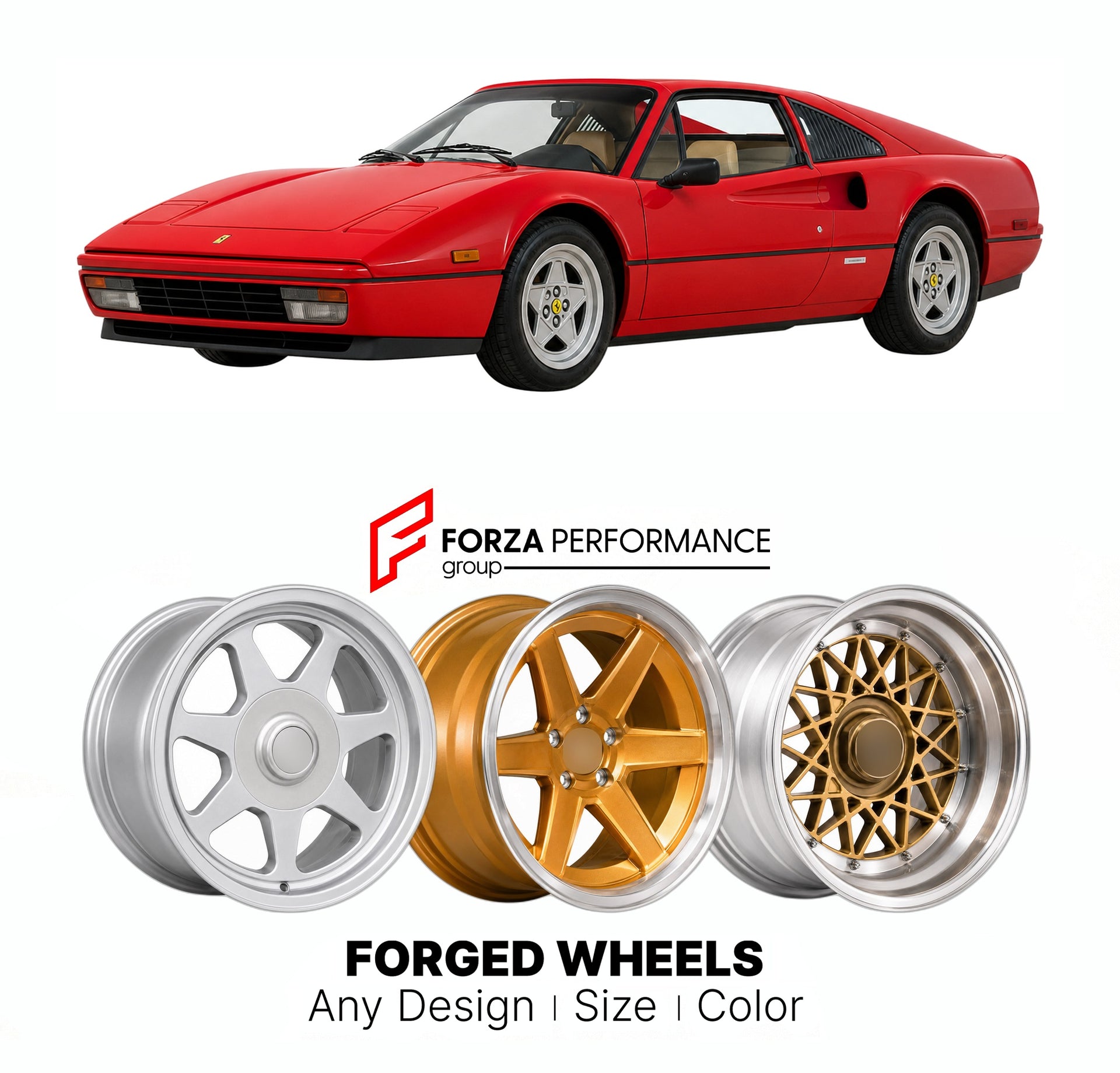 CUSTOM CLASSIC VINTAGE RESTOMOD RETRO OLD SCHOOL FORGED WHEELS RIMS for FERRARI 328 GTB GTS 1985 - 1989

Custom forged wheels for Ferrari 328 GTB GTS 1985 - 1989. Classic, vintage, restomod wheel designs made to order in custom sizes, offsets, colors and finishes.

We manufacture premium quality forged wheels rims for Ferrari 328 GTB GTS 1985 - 1989 in any design, size, color.

THIS WHEEL DESIGN CAN BE CUSTOM-MADE FOR YOUR CAR IN ANY SIZE AND COLOR OPTIONS
Available in monoblock, 2-piece, 3-piece, duoblock,