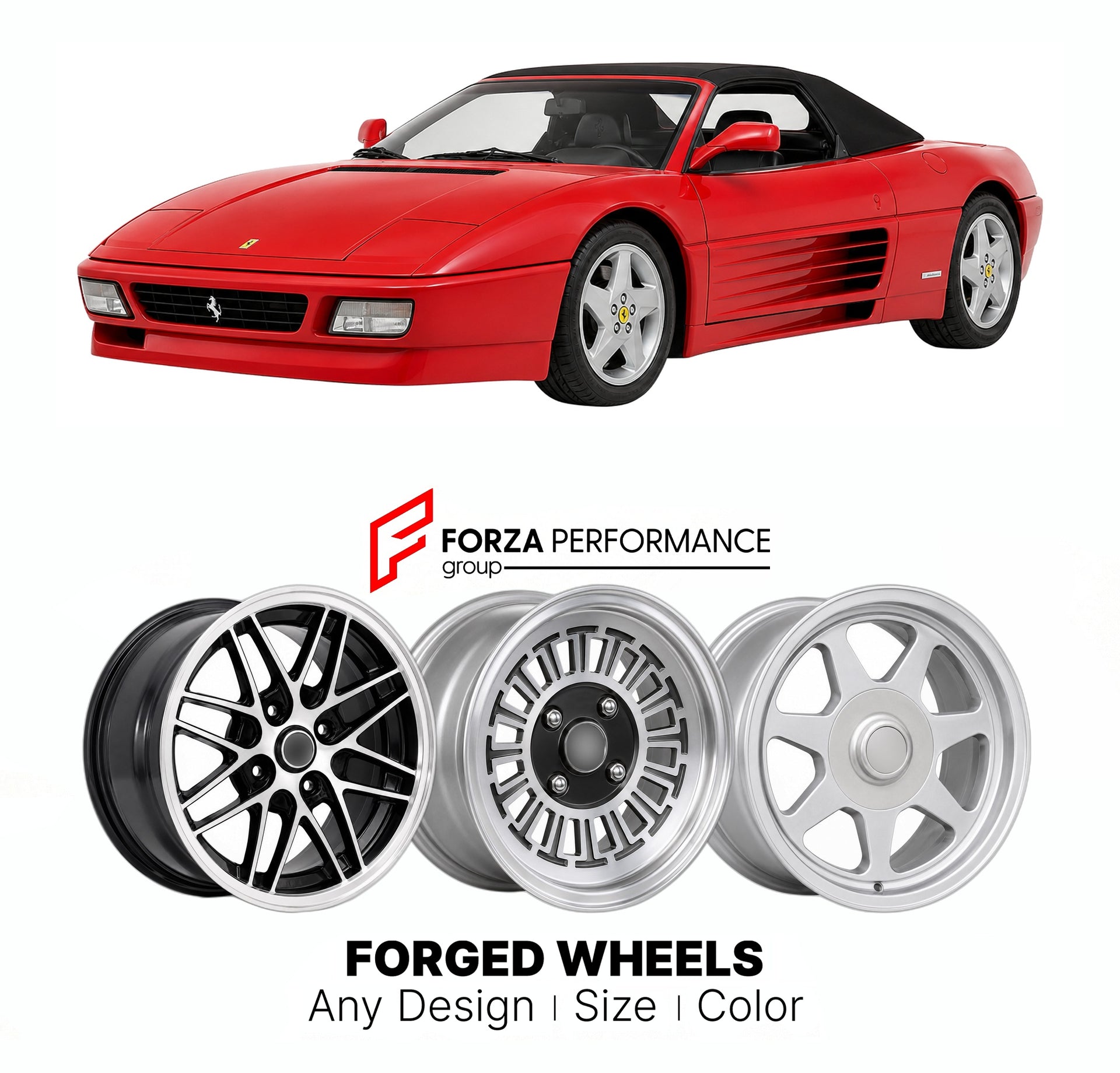 CUSTOM CLASSIC VINTAGE RESTOMOD RETRO OLD SCHOOL FORGED WHEELS RIMS for FERRARI 348 SPIDER 1993 - 1995

Custom forged wheels for Ferrari 348 Spider 1993 - 1995. Classic, vintage, restomod wheel designs made to order in custom sizes, offsets, colors and finishes.

We manufacture premium quality forged wheels rims for Ferrari 348 Spider 1993 - 1995 in any design, size, color.

THIS WHEEL DESIGN CAN BE CUSTOM-MADE FOR YOUR CAR IN ANY SIZE AND COLOR OPTIONS
Available in monoblock, 2-piece, 3-piece, duoblock, be