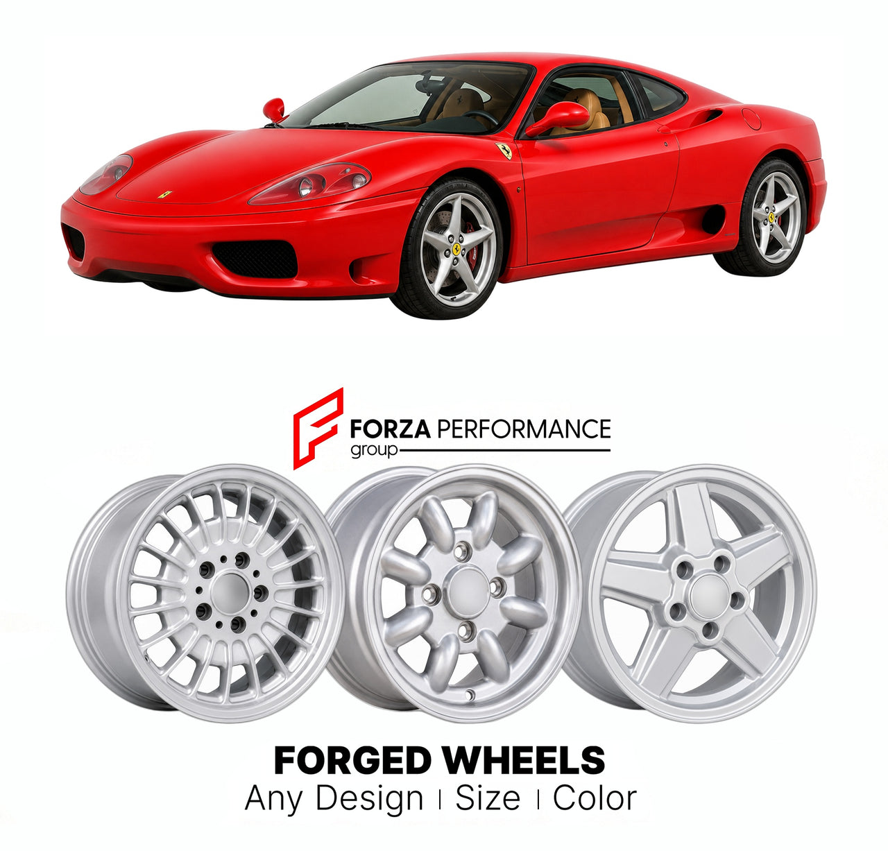 CUSTOM CLASSIC VINTAGE RESTOMOD RETRO OLD SCHOOL FORGED WHEELS RIMS for FERRARI 360 MODENA 1999 - 2005

Custom forged wheels for Ferrari 360 Modena 1999 - 2005. Classic, vintage, restomod wheel designs made to order in custom sizes, offsets, colors and finishes.

We manufacture premium quality forged wheels rims for Ferrari 360 Modena 1999 - 2005 in any design, size, color.

THIS WHEEL DESIGN CAN BE CUSTOM-MADE FOR YOUR CAR IN ANY SIZE AND COLOR OPTIONS
Available in monoblock, 2-piece, 3-piece, duoblock, be