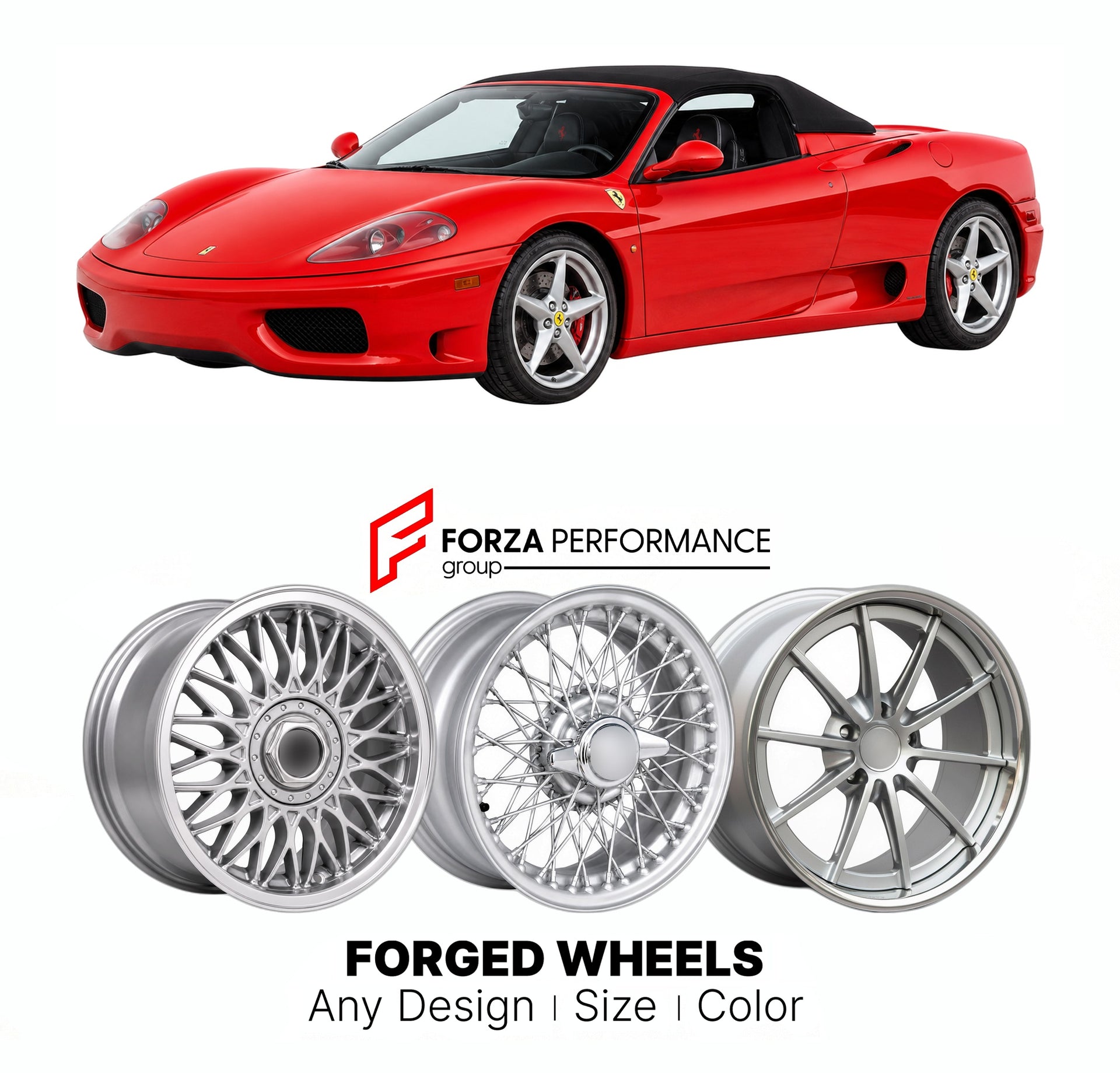 CUSTOM CLASSIC VINTAGE RESTOMOD RETRO OLD SCHOOL FORGED WHEELS RIMS for FERRARI 360 SPIDER 2000 - 2005

Custom forged wheels for Ferrari 360 Spider 2000 - 2005. Classic, vintage, restomod wheel designs made to order in custom sizes, offsets, colors and finishes.

We manufacture premium quality forged wheels rims for Ferrari 360 Spider 2000 - 2005 in any design, size, color.

THIS WHEEL DESIGN CAN BE CUSTOM-MADE FOR YOUR CAR IN ANY SIZE AND COLOR OPTIONS
Available in monoblock, 2-piece, 3-piece, duoblock, be