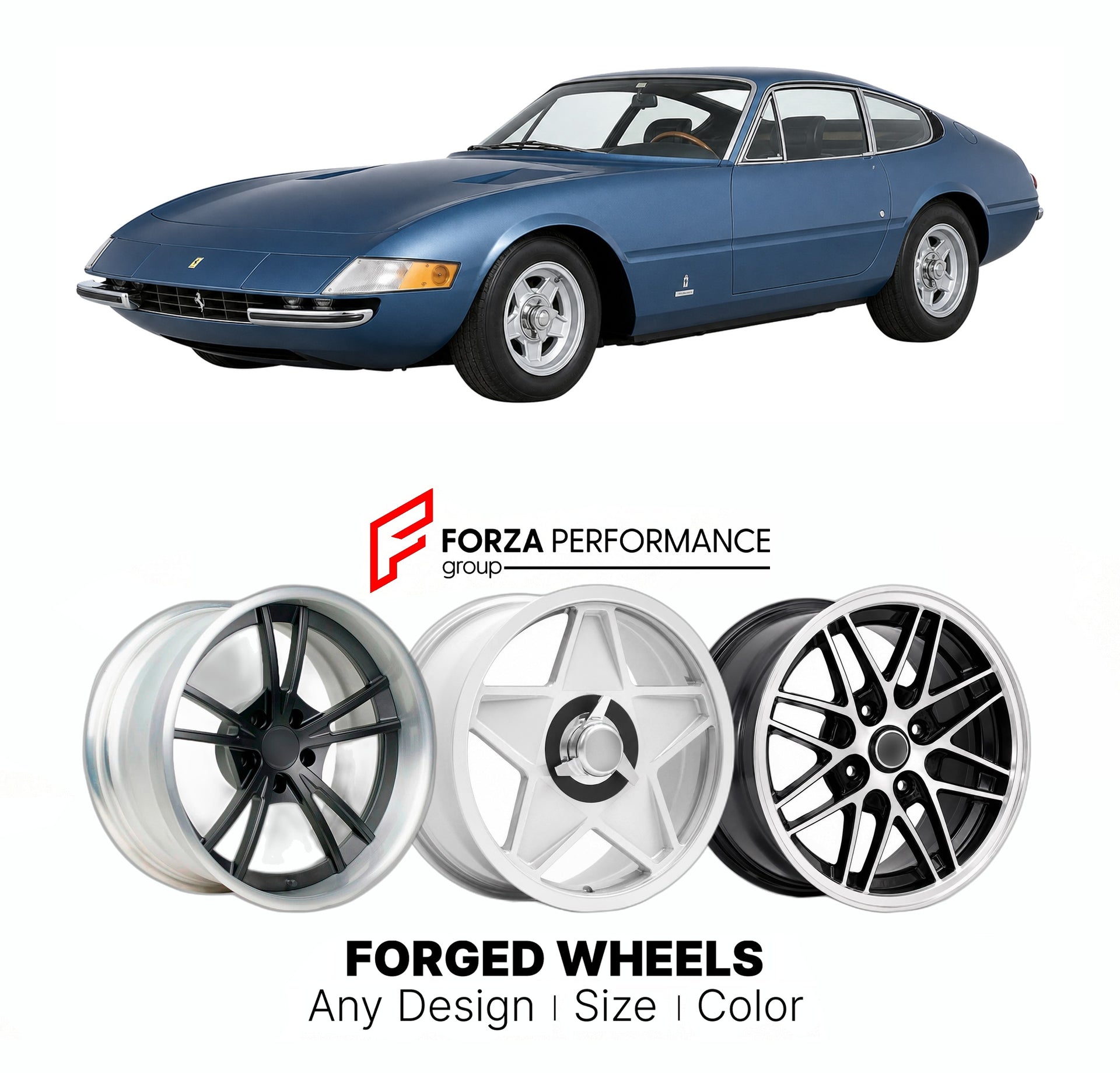 CUSTOM CLASSIC VINTAGE RESTOMOD RETRO OLD SCHOOL FORGED WHEELS RIMS for FERRARI 365 GTB 4 DAYTONA 1968 - 1973

Custom forged wheels for Ferrari 365 GTB 4 Daytona 1968 - 1973. Classic, vintage, restomod wheel designs made to order in custom sizes, offsets, colors and finishes.

We manufacture premium quality forged wheels rims for Ferrari 365 GTB 4 Daytona 1968 - 1973 in any design, size, color.

THIS WHEEL DESIGN CAN BE CUSTOM-MADE FOR YOUR CAR IN ANY SIZE AND COLOR OPTIONS
Available in monoblock, 2-piece, 