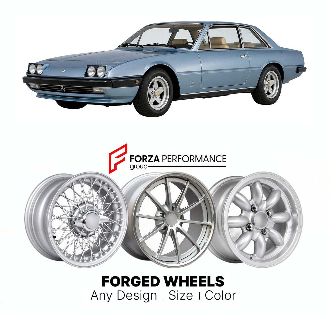 CUSTOM CLASSIC VINTAGE RESTOMOD RETRO OLD SCHOOL FORGED WHEELS RIMS for FERRARI 400 412 1976 - 1989

Custom forged wheels for Ferrari 400 412 1976 - 1989. Classic, vintage, restomod wheel designs made to order in custom sizes, offsets, colors and finishes.

We manufacture premium quality forged wheels rims for Ferrari 400 412 1976 - 1989 in any design, size, color.

THIS WHEEL DESIGN CAN BE CUSTOM-MADE FOR YOUR CAR IN ANY SIZE AND COLOR OPTIONS
Available in monoblock, 2-piece, 3-piece, duoblock, beadlock
3D