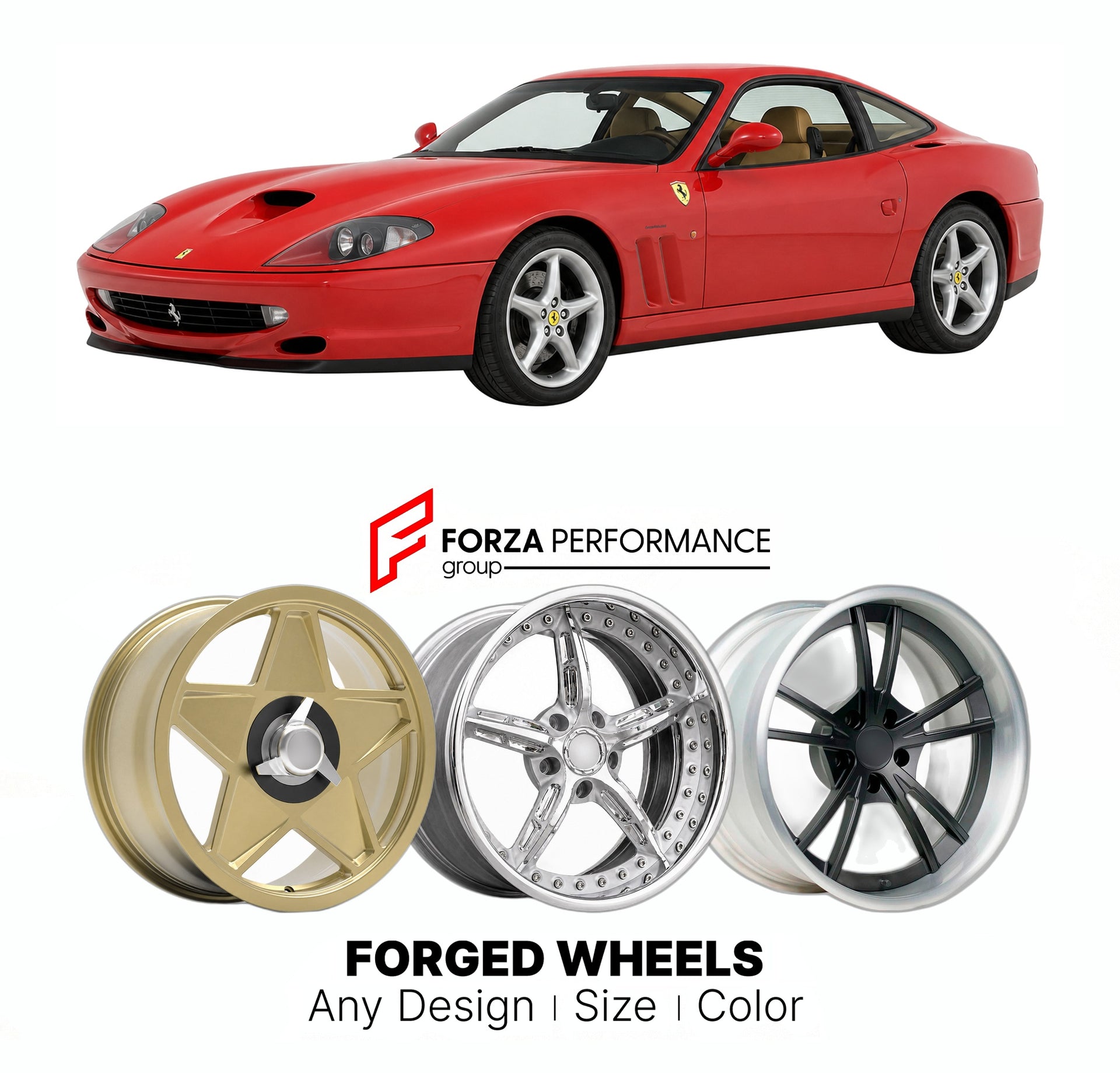 CUSTOM CLASSIC VINTAGE RESTOMOD RETRO OLD SCHOOL FORGED WHEELS RIMS for FERRARI 550 MARANELLO 1996 - 2001

Custom forged wheels for Ferrari 550 Maranello 1996 - 2001. Classic, vintage, restomod wheel designs made to order in custom sizes, offsets, colors and finishes.

We manufacture premium quality forged wheels rims for Ferrari 550 Maranello 1996 - 2001 in any design, size, color.

THIS WHEEL DESIGN CAN BE CUSTOM-MADE FOR YOUR CAR IN ANY SIZE AND COLOR OPTIONS
Available in monoblock, 2-piece, 3-piece, duo