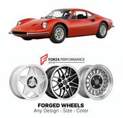 CUSTOM CLASSIC VINTAGE RESTOMOD RETRO OLD SCHOOL FORGED WHEELS RIMS for FERRARI DINO 206 GT 1967 - 1969

Custom forged wheels for Ferrari Dino 206 GT 1967 - 1969. Classic, vintage, restomod wheel designs made to order in custom sizes, offsets, colors and finishes.

We manufacture premium quality forged wheels rims for Ferrari Dino 206 GT 1967 - 1969 in any design, size, color.

THIS WHEEL DESIGN CAN BE CUSTOM-MADE FOR YOUR CAR IN ANY SIZE AND COLOR OPTIONS
Available in monoblock, 2-piece, 3-piece, duoblock,