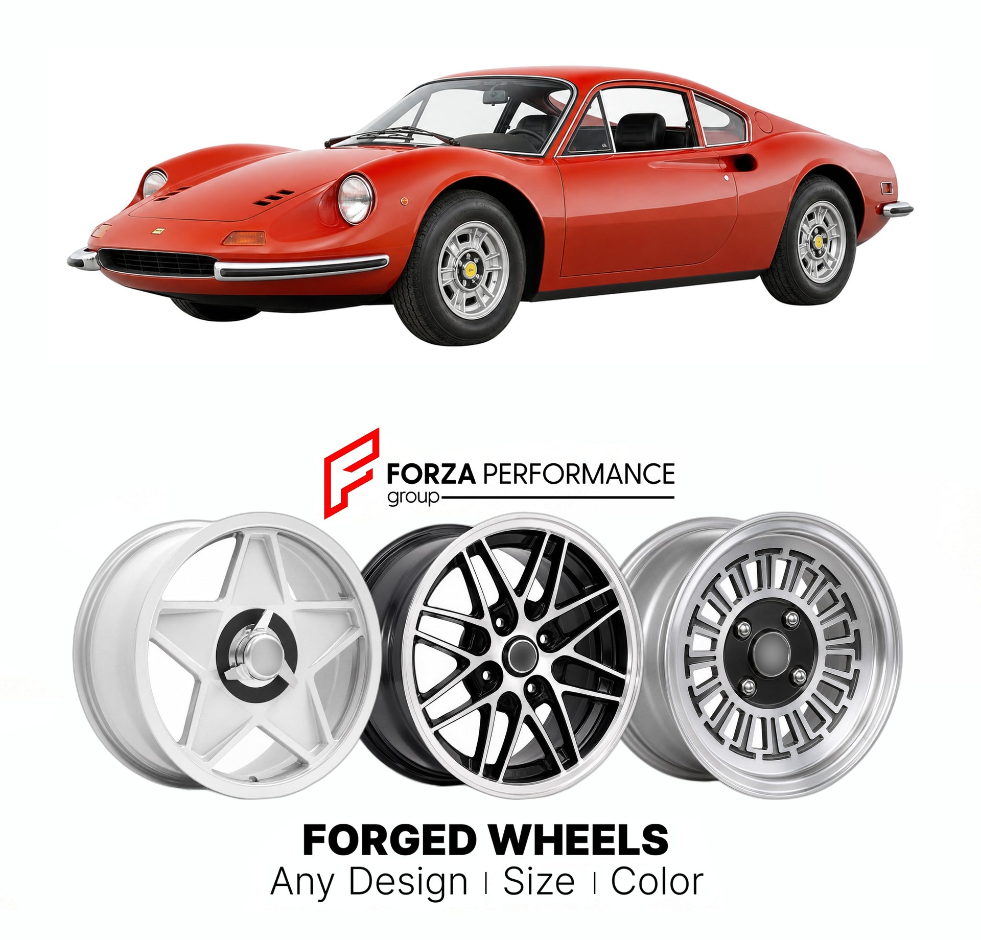 CUSTOM CLASSIC VINTAGE RESTOMOD RETRO OLD SCHOOL FORGED WHEELS RIMS for FERRARI DINO 206 GT 1967 - 1969

Custom forged wheels for Ferrari Dino 206 GT 1967 - 1969. Classic, vintage, restomod wheel designs made to order in custom sizes, offsets, colors and finishes.

We manufacture premium quality forged wheels rims for Ferrari Dino 206 GT 1967 - 1969 in any design, size, color.

THIS WHEEL DESIGN CAN BE CUSTOM-MADE FOR YOUR CAR IN ANY SIZE AND COLOR OPTIONS
Available in monoblock, 2-piece, 3-piece, duoblock,