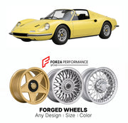 CUSTOM CLASSIC VINTAGE RESTOMOD RETRO OLD SCHOOL FORGED WHEELS RIMS for FERRARI DINO 246 GTS 1972 - 1974

Custom forged wheels for Ferrari Dino 246 GTS 1972 - 1974. Classic, vintage, restomod wheel designs made to order in custom sizes, offsets, colors and finishes.

We manufacture premium quality forged wheels rims for Ferrari Dino 246 GTS 1972 - 1974 in any design, size, color.

THIS WHEEL DESIGN CAN BE CUSTOM-MADE FOR YOUR CAR IN ANY SIZE AND COLOR OPTIONS
Available in monoblock, 2-piece, 3-piece, duoblo