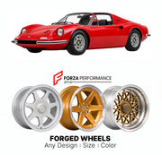 CUSTOM CLASSIC VINTAGE RESTOMOD RETRO OLD SCHOOL FORGED WHEELS RIMS for FERRARI DINO 246 GT GTS 1969 - 1974

Custom forged wheels for Ferrari Dino 246 GT GTS 1969 - 1974. Classic, vintage, restomod wheel designs made to order in custom sizes, offsets, colors and finishes.

We manufacture premium quality forged wheels rims for Ferrari Dino 246 GT GTS 1969 - 1974 in any design, size, color.

THIS WHEEL DESIGN CAN BE CUSTOM-MADE FOR YOUR CAR IN ANY SIZE AND COLOR OPTIONS
Available in monoblock, 2-piece, 3-piec