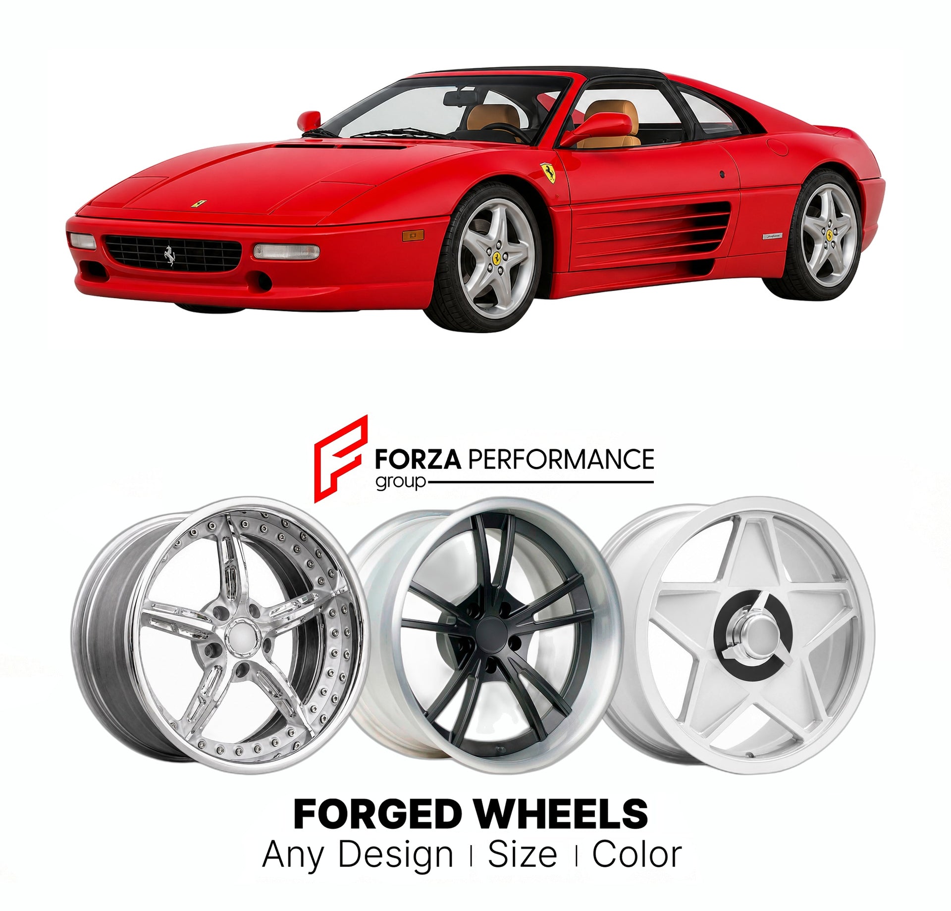 CUSTOM CLASSIC VINTAGE RESTOMOD RETRO OLD SCHOOL FORGED WHEELS RIMS for FERRARI F355 BERLINETTA GTS 1994 - 1999

Custom forged wheels for Ferrari F355 Berlinetta GTS 1994 - 1999. Classic, vintage, restomod wheel designs made to order in custom sizes, offsets, colors and finishes.

We manufacture premium quality forged wheels rims for Ferrari F355 Berlinetta GTS 1994 - 1999 in any design, size, color.

THIS WHEEL DESIGN CAN BE CUSTOM-MADE FOR YOUR CAR IN ANY SIZE AND COLOR OPTIONS
Available in monoblock, 2-p