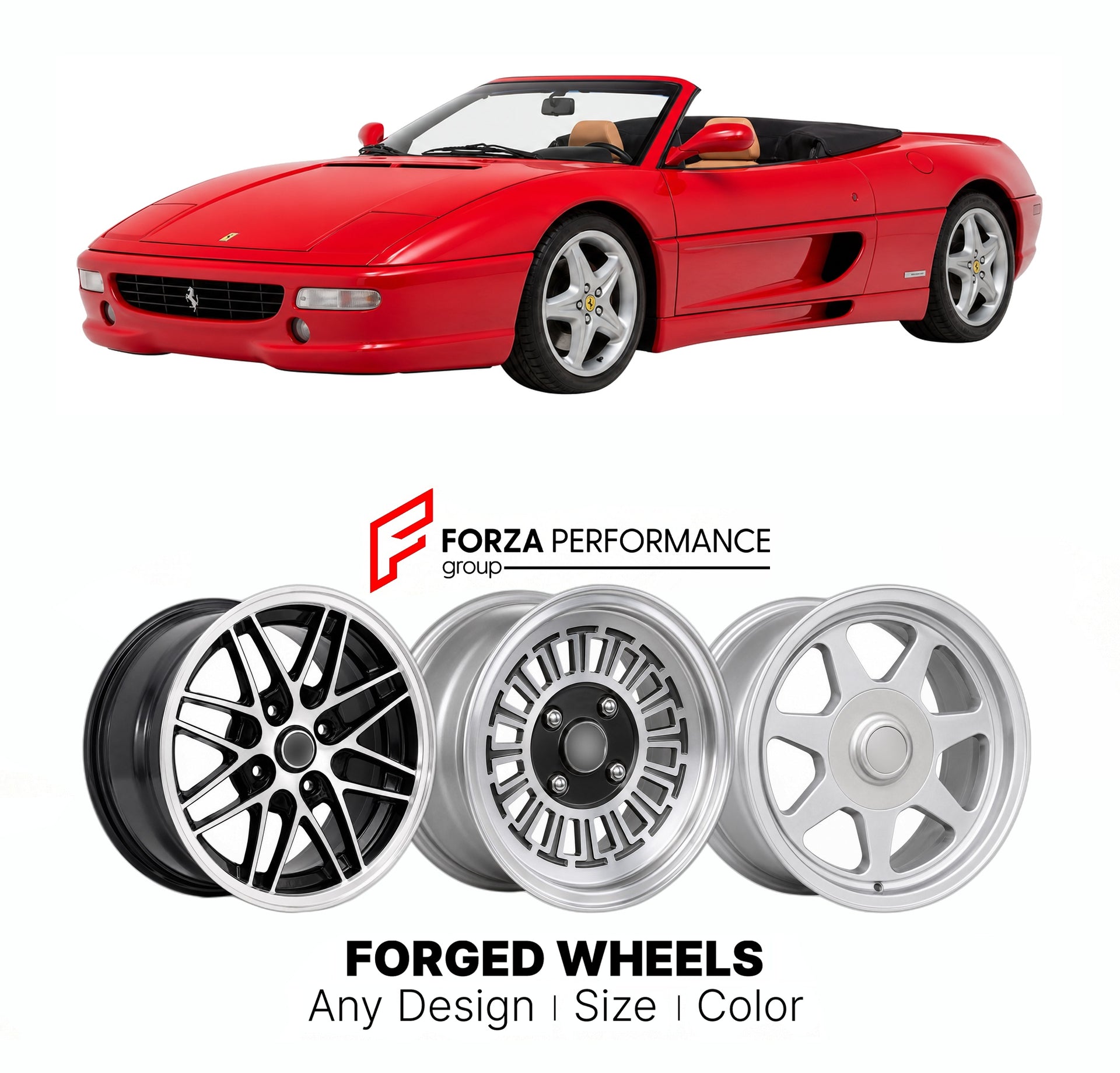CUSTOM CLASSIC VINTAGE RESTOMOD RETRO OLD SCHOOL FORGED WHEELS RIMS for FERRARI F355 SPIDER 1995 - 1999

Custom forged wheels for Ferrari F355 Spider 1995 - 1999. Classic, vintage, restomod wheel designs made to order in custom sizes, offsets, colors and finishes.

We manufacture premium quality forged wheels rims for Ferrari F355 Spider 1995 - 1999 in any design, size, color.

THIS WHEEL DESIGN CAN BE CUSTOM-MADE FOR YOUR CAR IN ANY SIZE AND COLOR OPTIONS
Available in monoblock, 2-piece, 3-piece, duoblock,