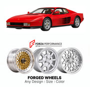 CUSTOM CLASSIC VINTAGE RESTOMOD RETRO OLD SCHOOL FORGED WHEELS RIMS for FERRARI TESTAROSSA 1984 - 1991

Custom forged wheels for Ferrari Testarossa 1984 - 1991. Classic, vintage, restomod wheel designs made to order in custom sizes, offsets, colors and finishes.

We manufacture premium quality forged wheels rims for Ferrari Testarossa 1984 - 1991 in any design, size, color.

THIS WHEEL DESIGN CAN BE CUSTOM-MADE FOR YOUR CAR IN ANY SIZE AND COLOR OPTIONS
Available in monoblock, 2-piece, 3-piece, duoblock, be